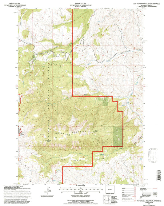 Classic USGS Pat O' Hara Mountain Wyoming 7.5'x7.5' Topo Map Image