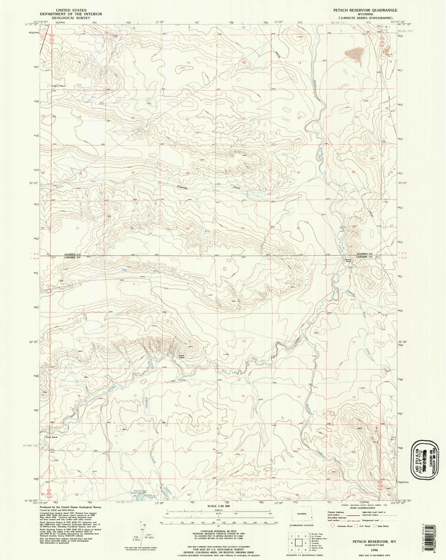 Classic USGS Petsch Reservoir Wyoming 7.5'x7.5' Topo Map Image