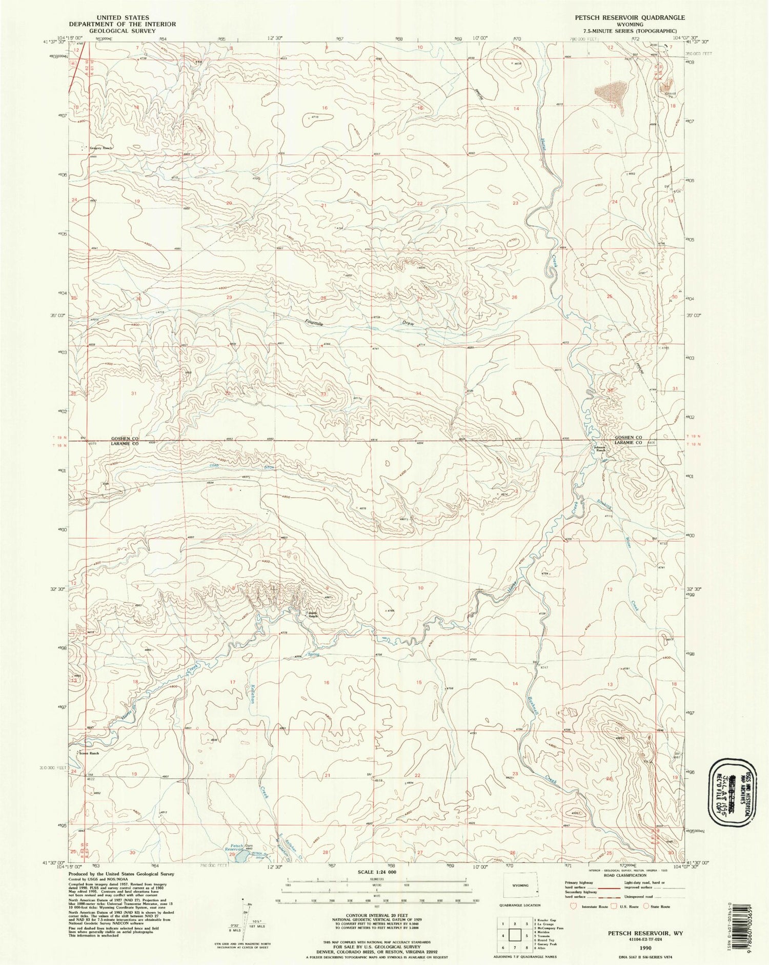 Classic USGS Petsch Reservoir Wyoming 7.5'x7.5' Topo Map Image