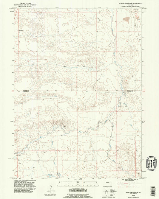 Classic USGS Petsch Reservoir Wyoming 7.5'x7.5' Topo Map Image