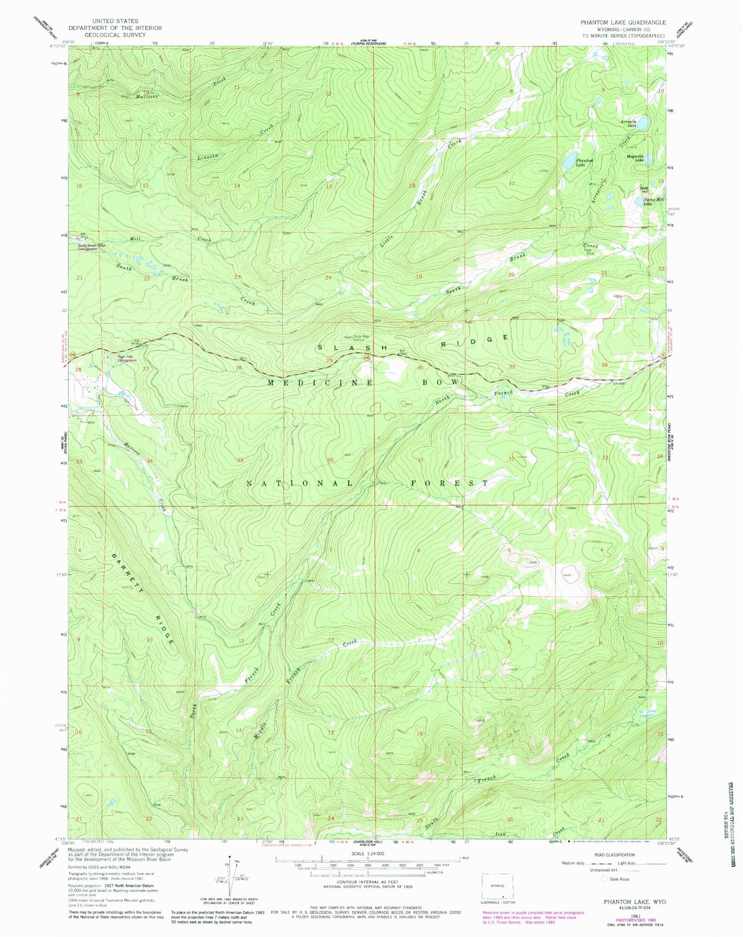 Classic USGS Phantom Lake Wyoming 7.5'x7.5' Topo Map Image