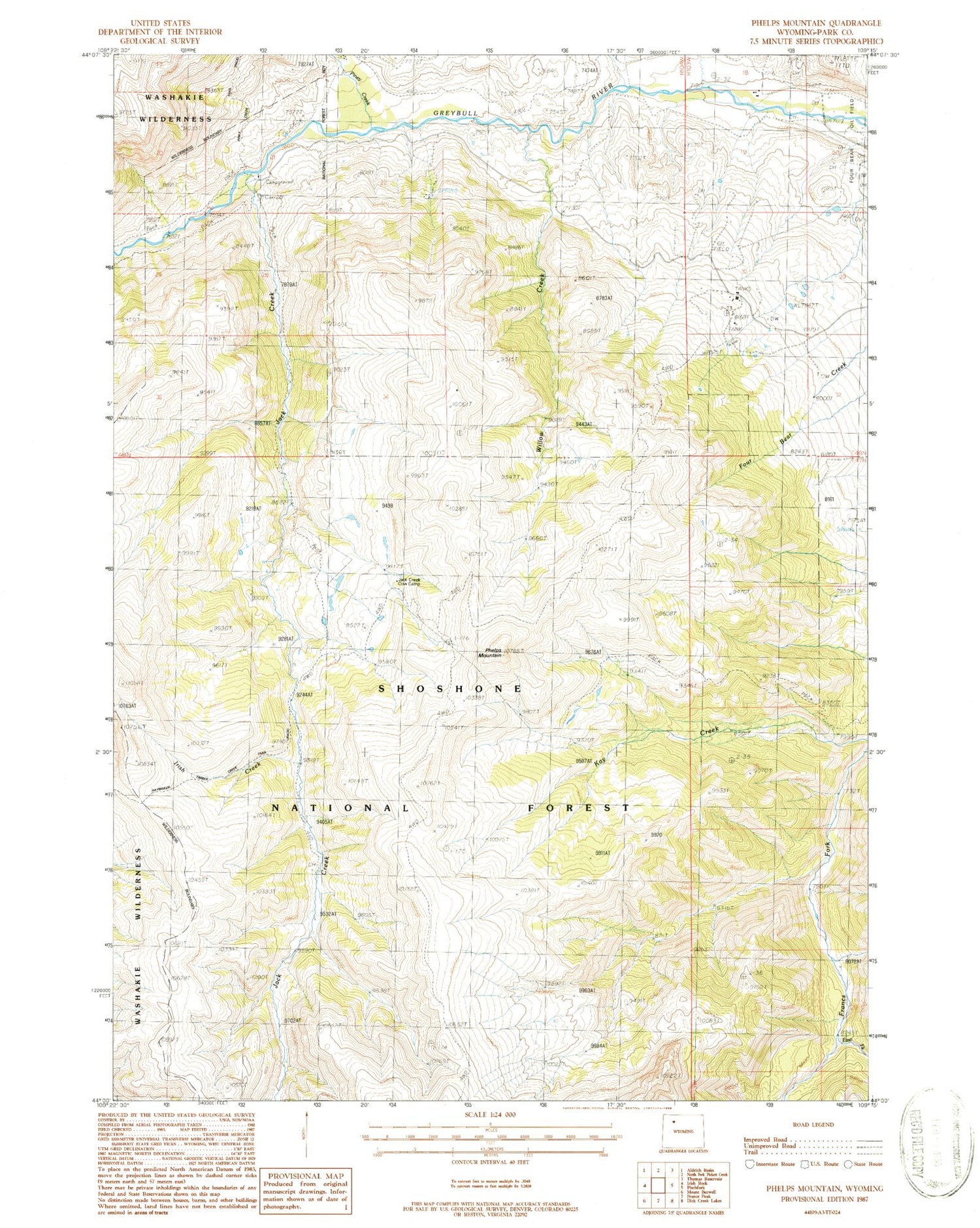 Classic USGS Phelps Mountain Wyoming 7.5'x7.5' Topo Map Image