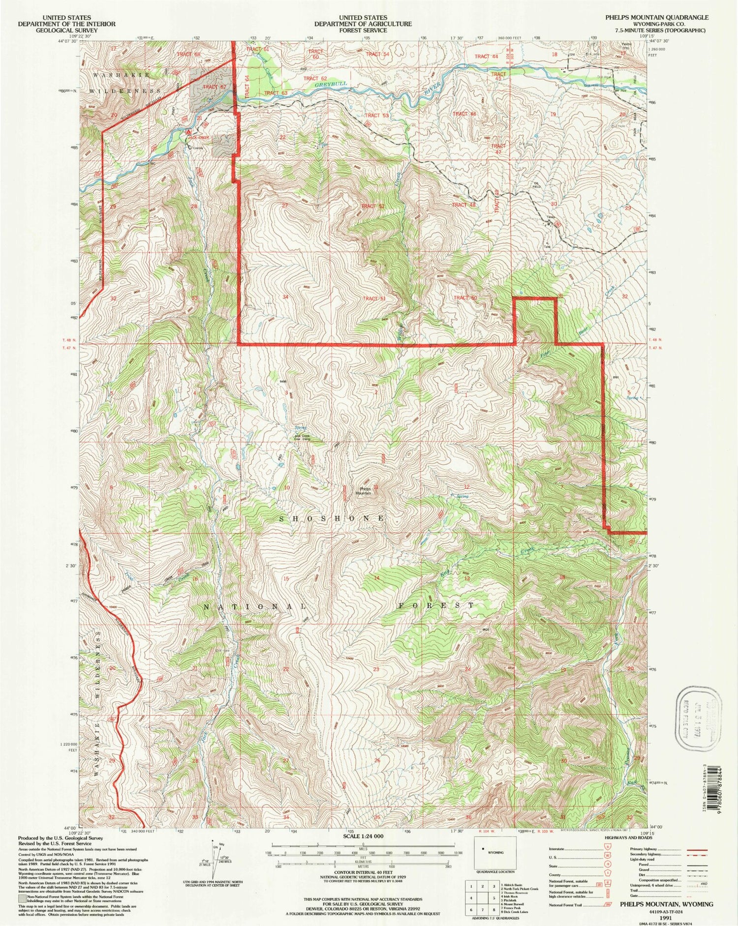 Classic USGS Phelps Mountain Wyoming 7.5'x7.5' Topo Map Image