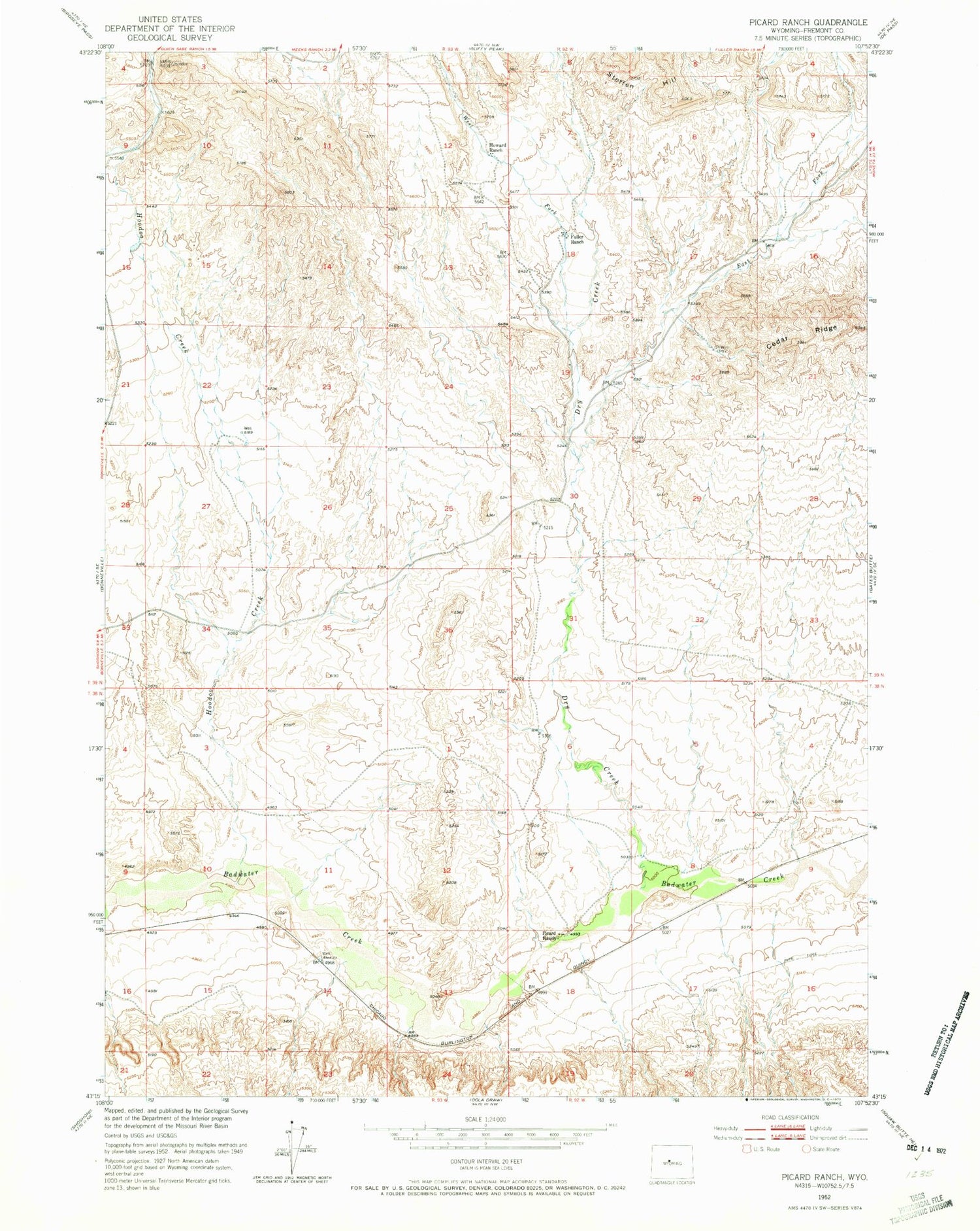 Classic USGS Picard Ranch Wyoming 7.5'x7.5' Topo Map Image