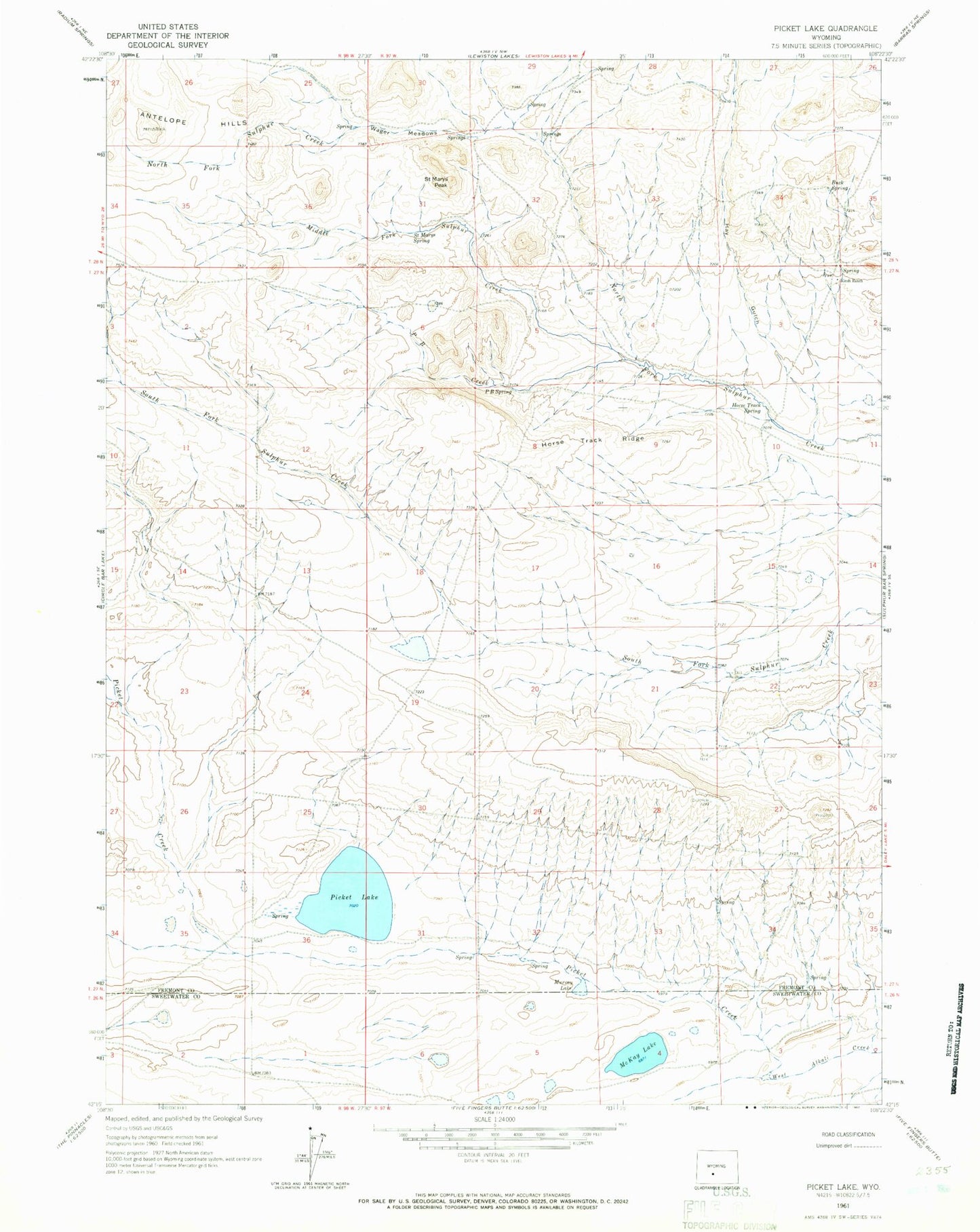 Classic USGS Picket Lake Wyoming 7.5'x7.5' Topo Map Image