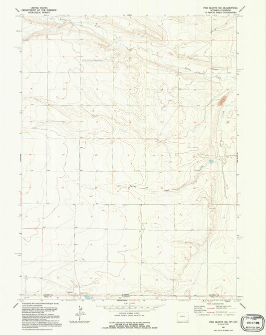Classic USGS Pine Bluffs SW Wyoming 7.5'x7.5' Topo Map Image