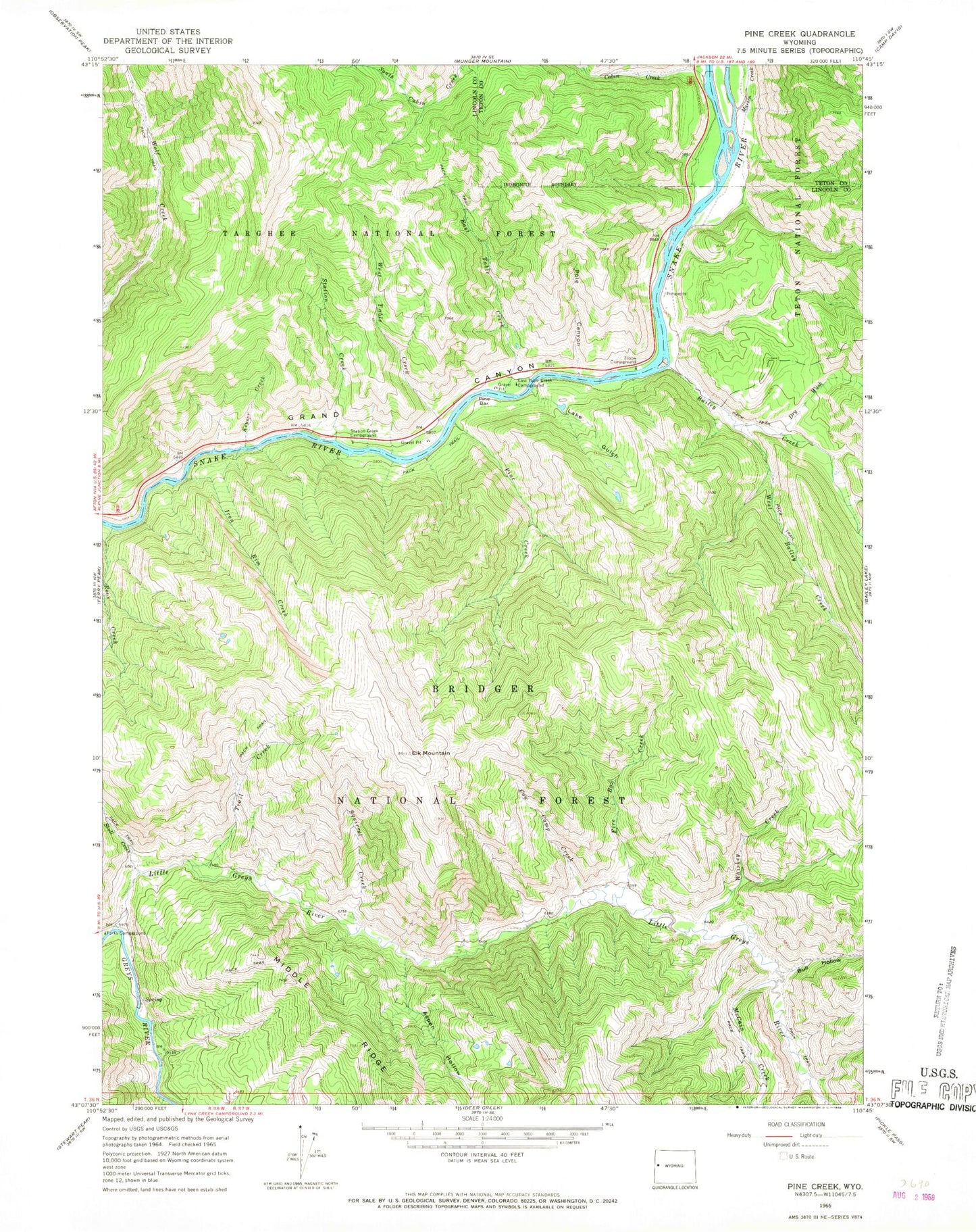 Classic USGS Pine Creek Wyoming 7.5'x7.5' Topo Map Image