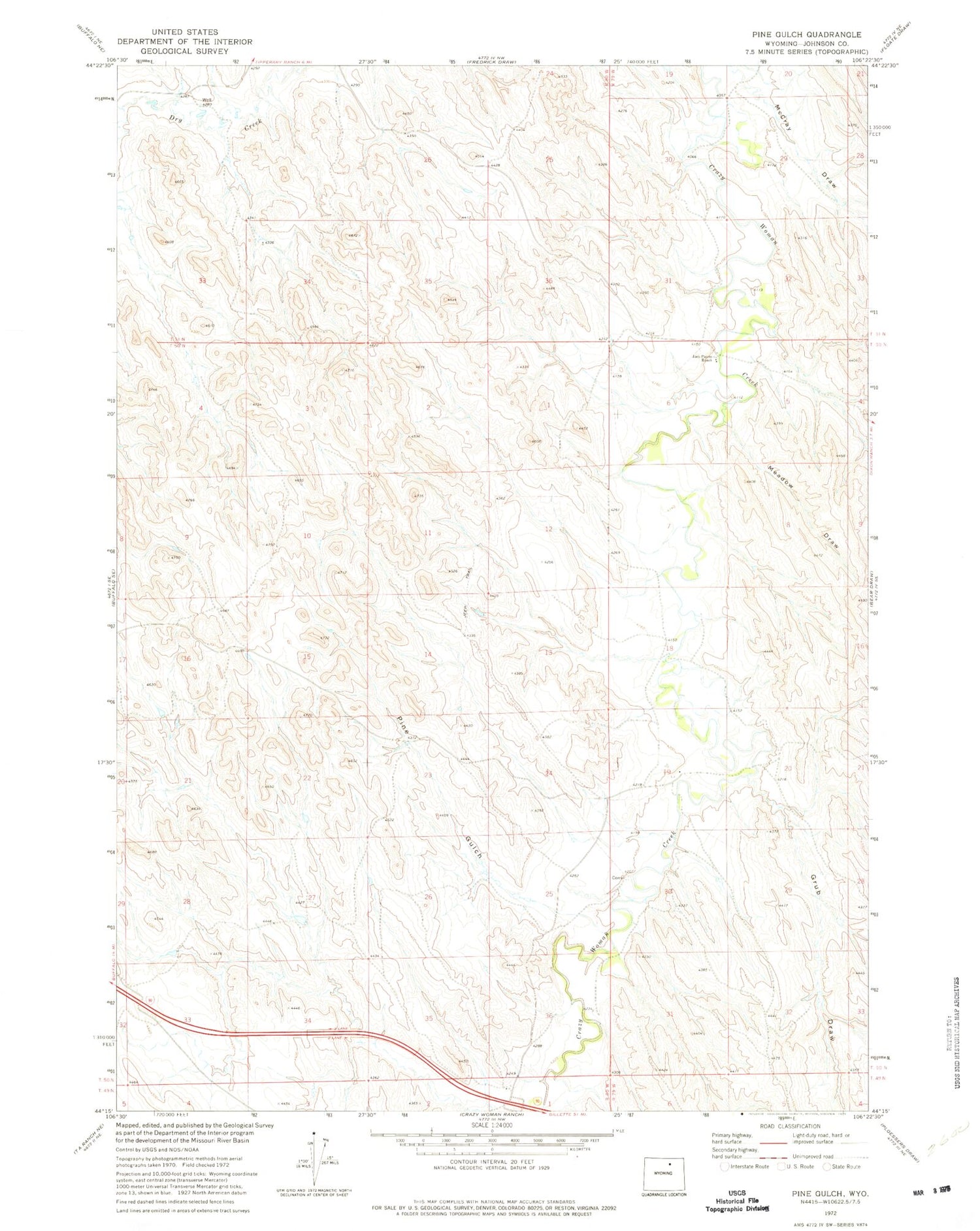 Classic USGS Pine Gulch Wyoming 7.5'x7.5' Topo Map Image