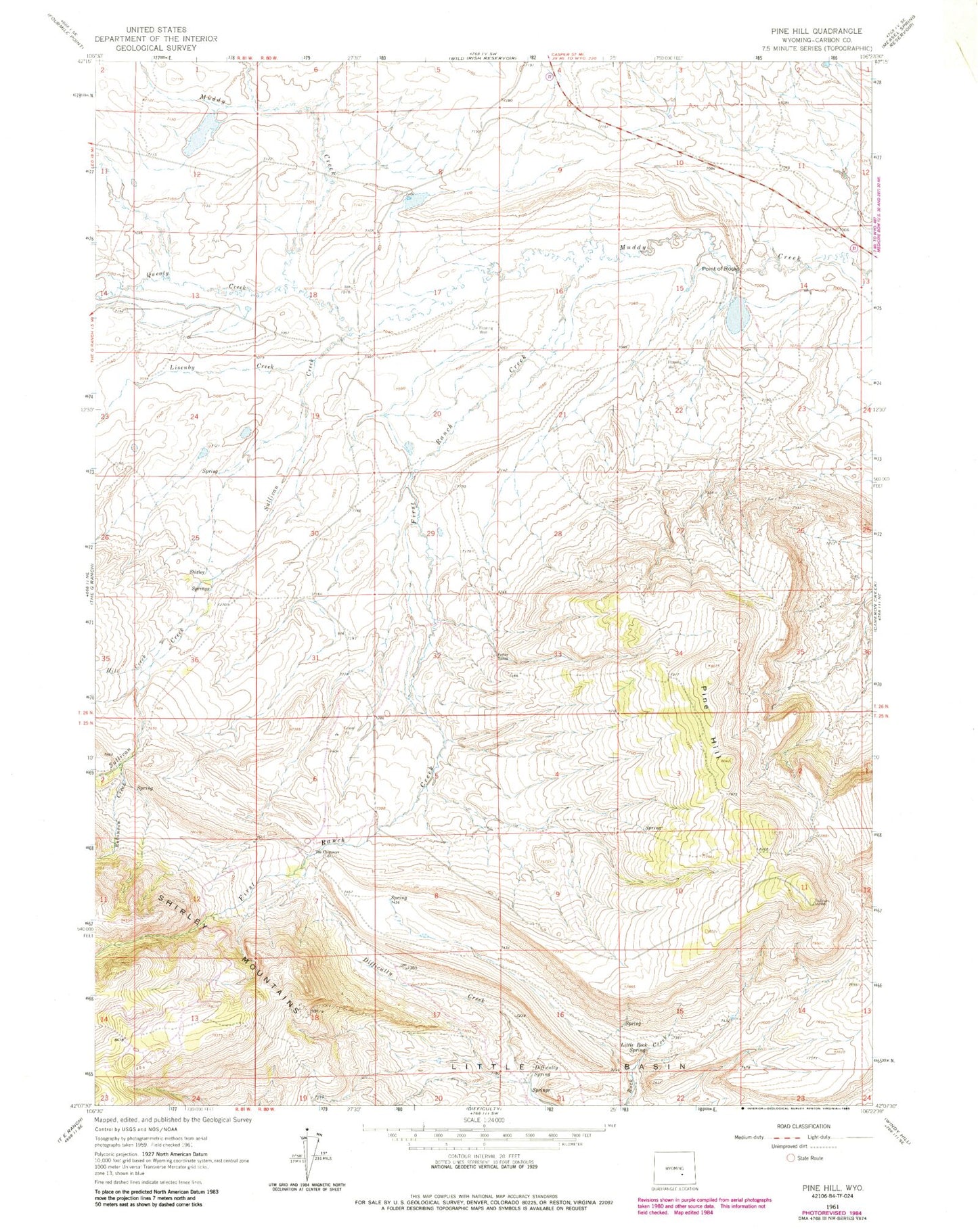 Classic USGS Pine Hill Wyoming 7.5'x7.5' Topo Map Image