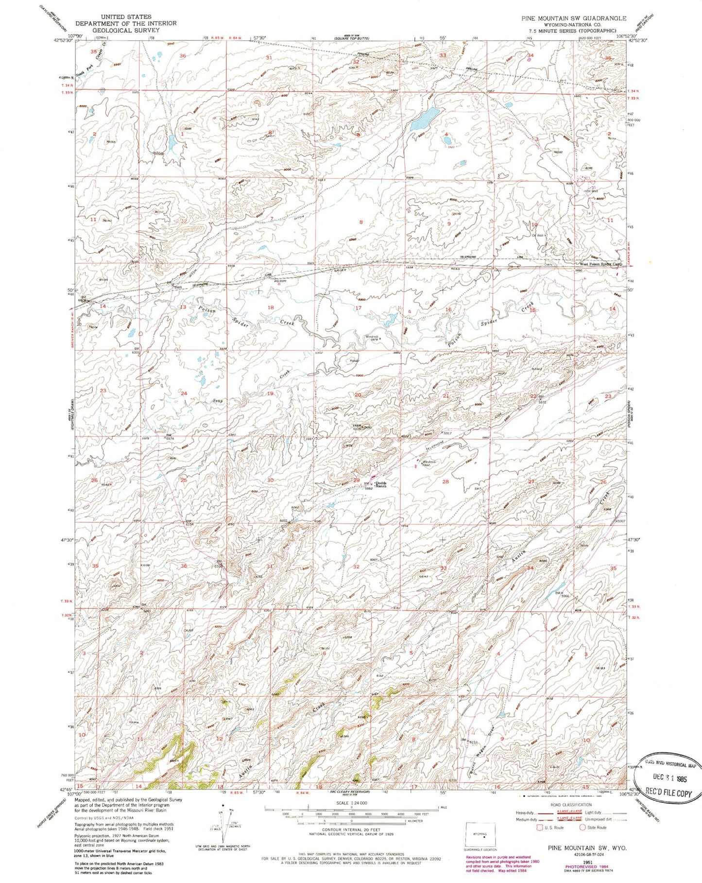 Classic USGS Pine Mountain SW Wyoming 7.5'x7.5' Topo Map Image