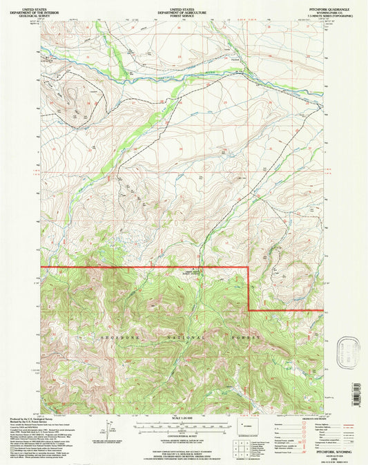 Classic USGS Pitchfork Wyoming 7.5'x7.5' Topo Map Image