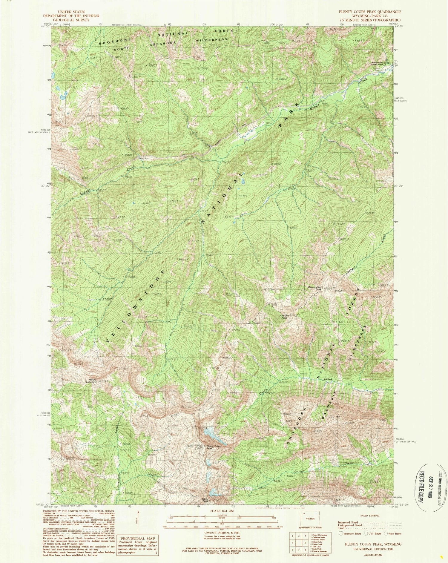 Classic USGS Plenty Coups Peak Wyoming 7.5'x7.5' Topo Map Image