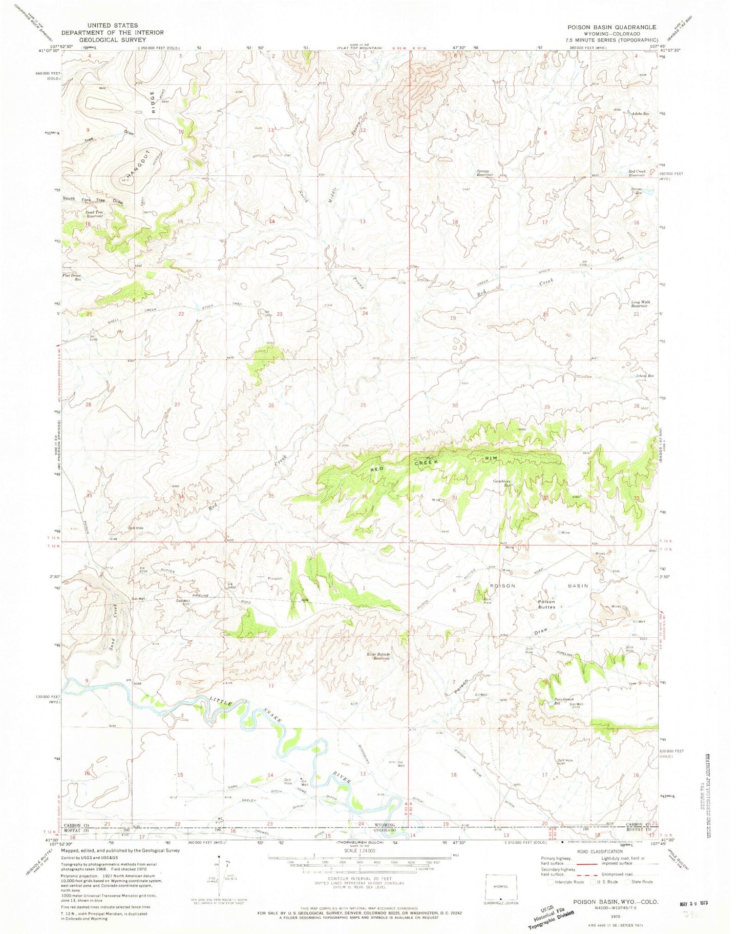 Classic USGS Poison Basin Wyoming 7.5'x7.5' Topo Map Image
