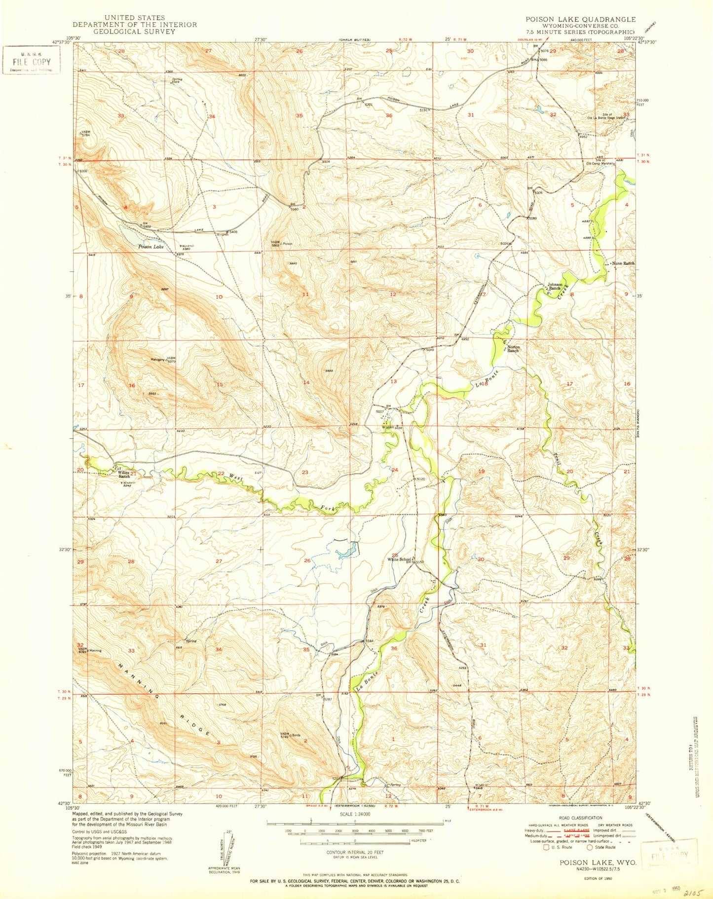 Classic USGS Poison Lake Wyoming 7.5'x7.5' Topo Map Image