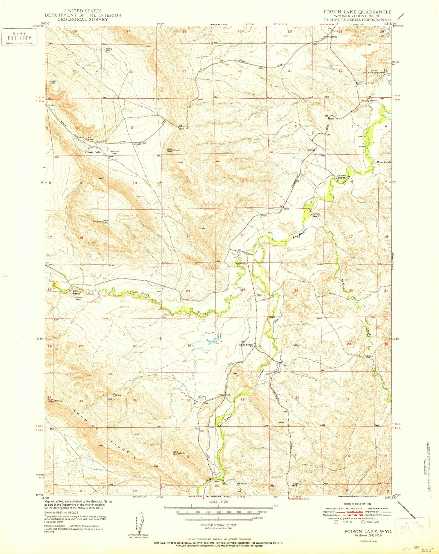 Classic USGS Poison Lake Wyoming 7.5'x7.5' Topo Map Image