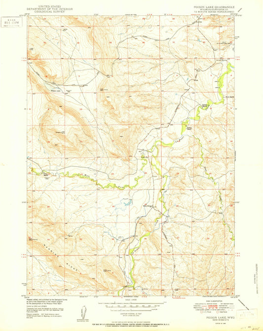 Classic USGS Poison Lake Wyoming 7.5'x7.5' Topo Map Image