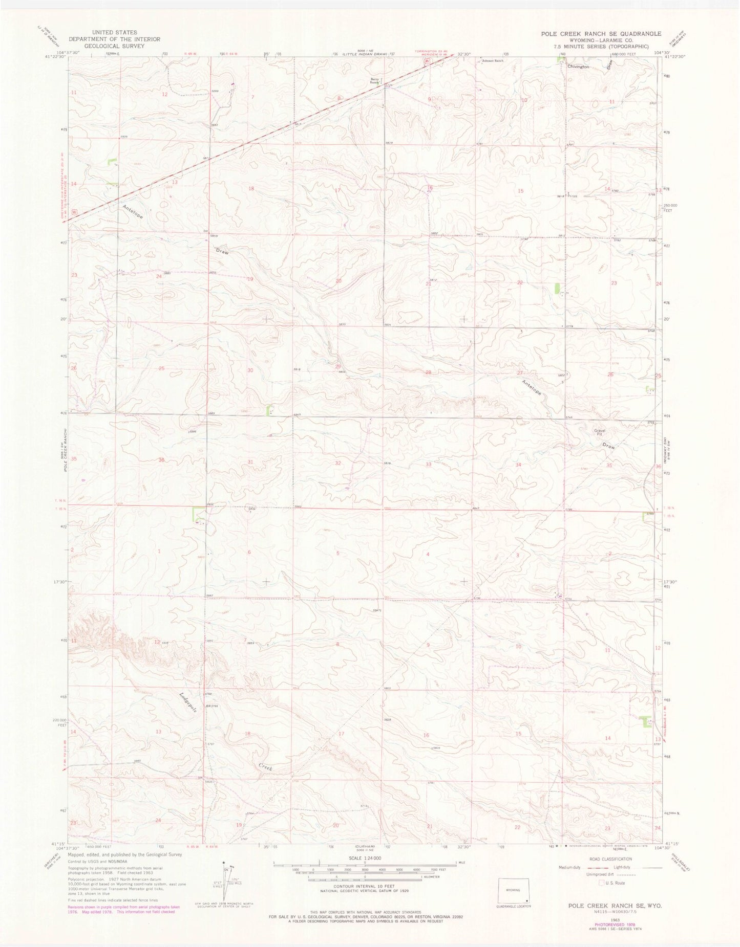 Classic USGS Pole Creek Ranch SE Wyoming 7.5'x7.5' Topo Map Image