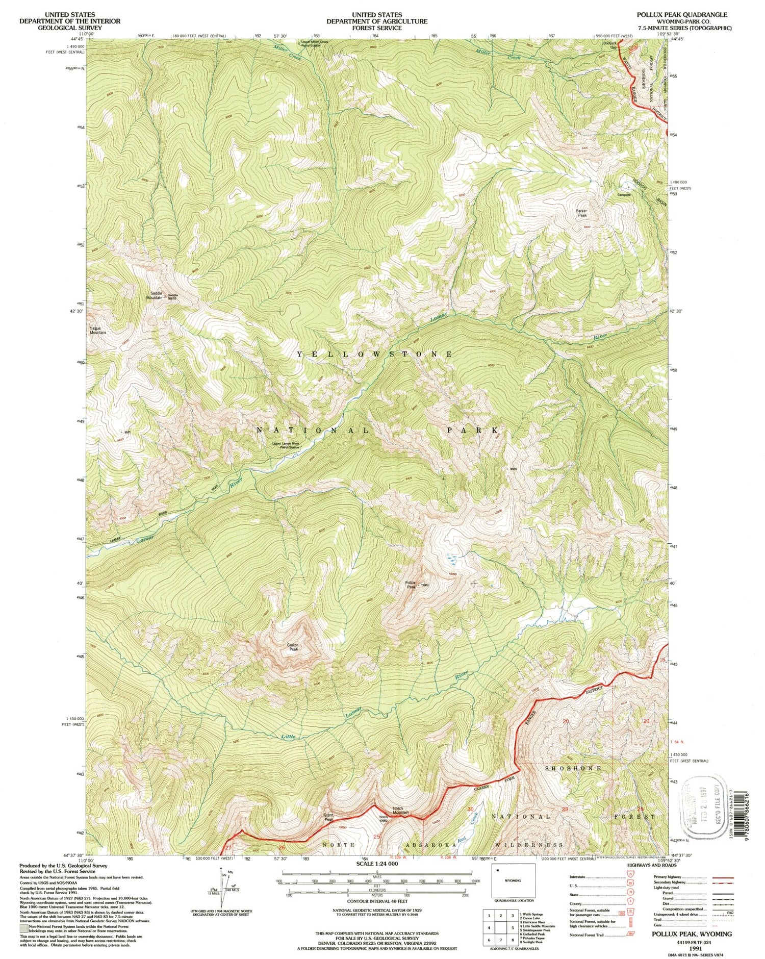 Classic USGS Pollux Peak Wyoming 7.5'x7.5' Topo Map Image