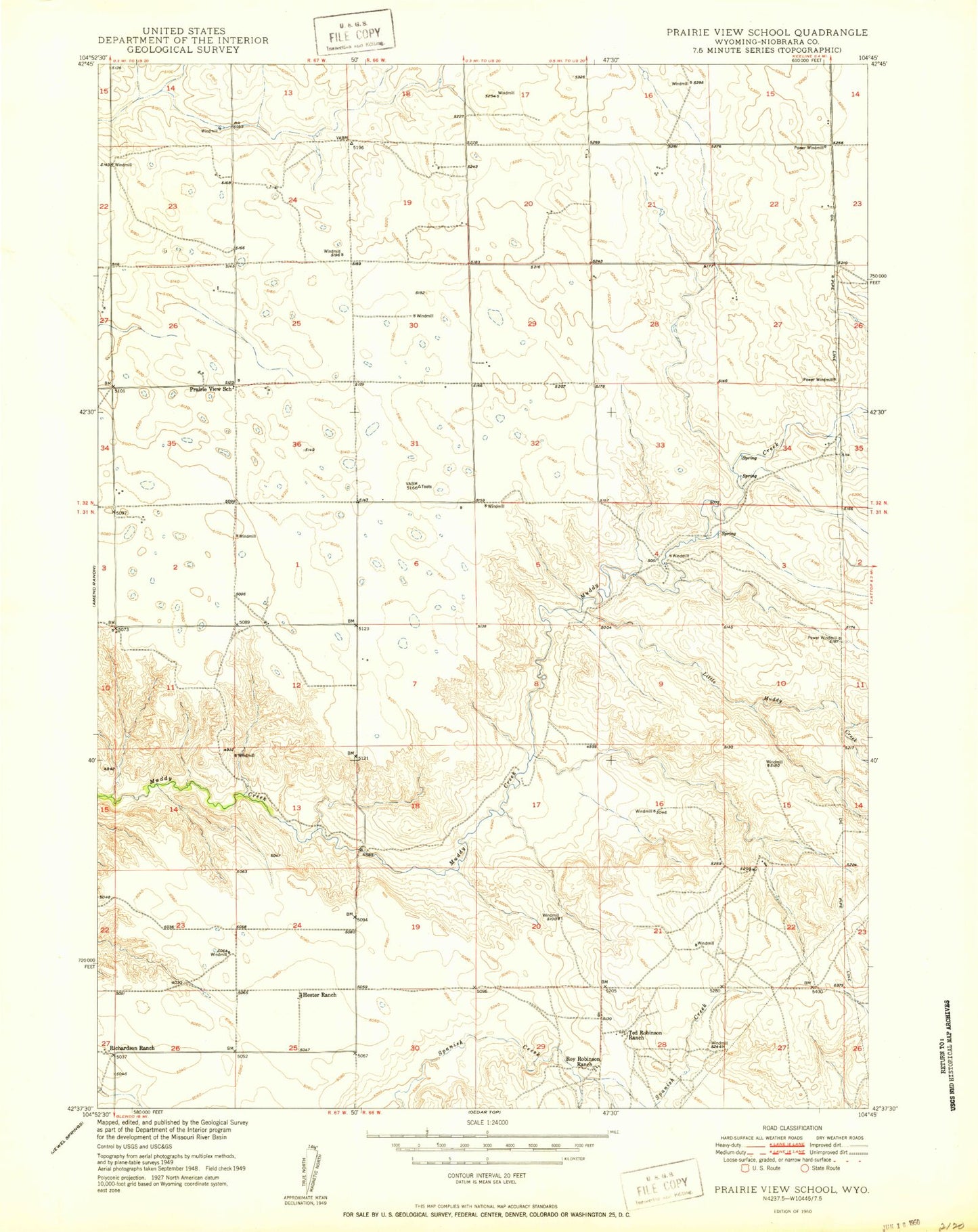 Classic USGS Prairie View School Wyoming 7.5'x7.5' Topo Map Image