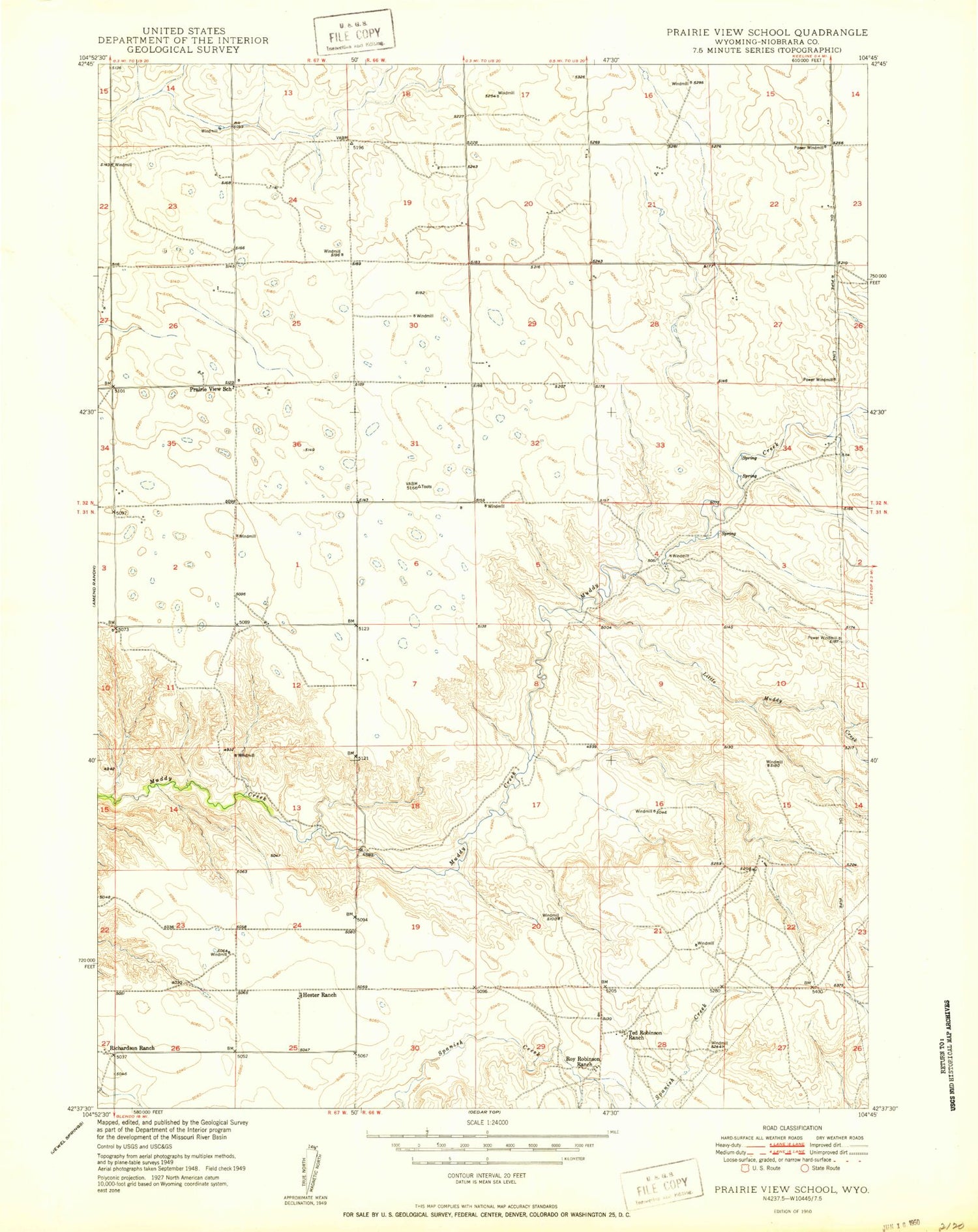 Classic USGS Prairie View School Wyoming 7.5'x7.5' Topo Map Image