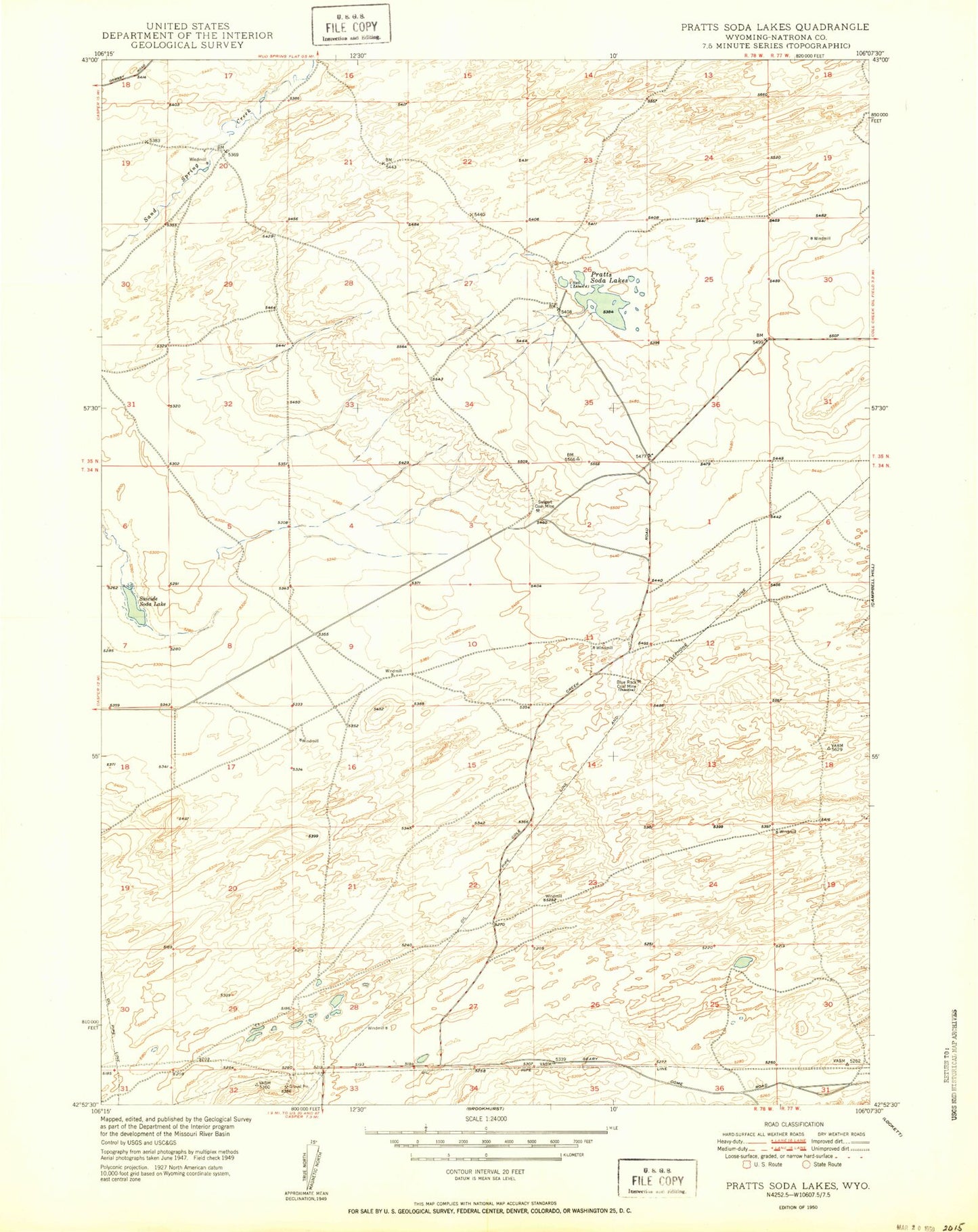 Classic USGS Pratts Soda Lakes Wyoming 7.5'x7.5' Topo Map Image