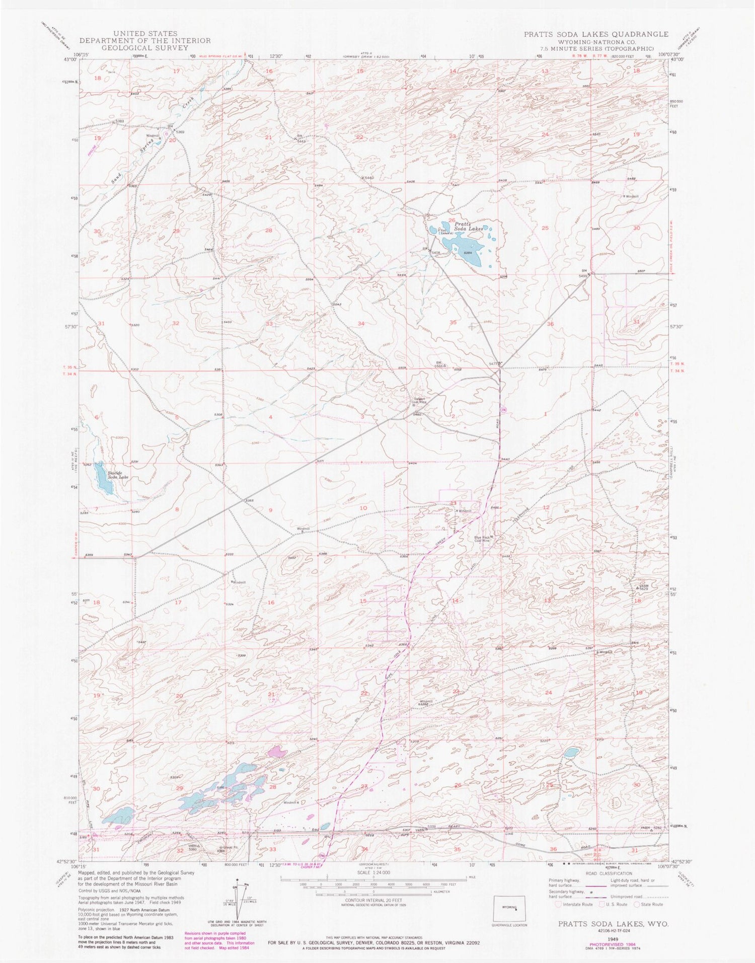 Classic USGS Pratts Soda Lakes Wyoming 7.5'x7.5' Topo Map Image