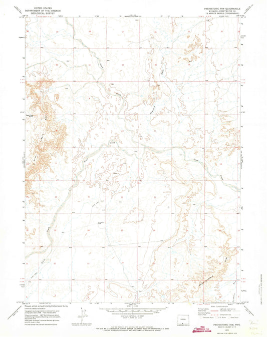 Classic USGS Prehistoric Rim Wyoming 7.5'x7.5' Topo Map Image
