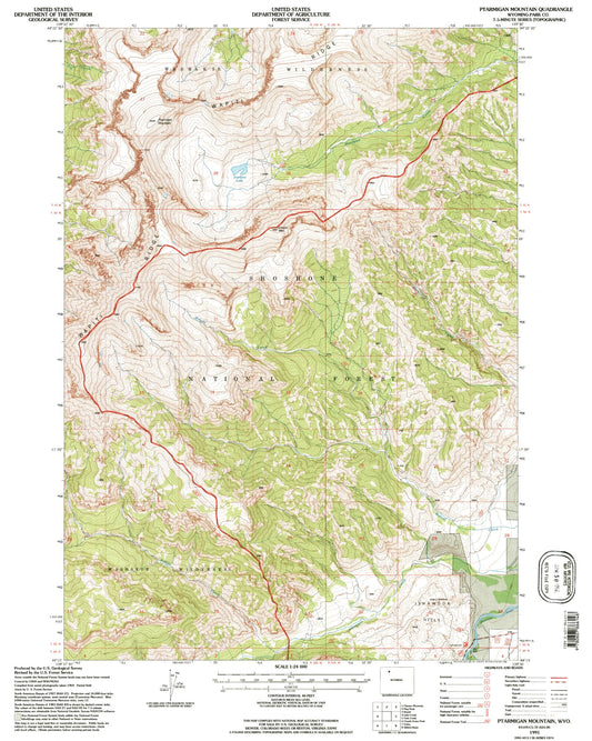 Classic USGS Ptarmigan Mountain Wyoming 7.5'x7.5' Topo Map Image