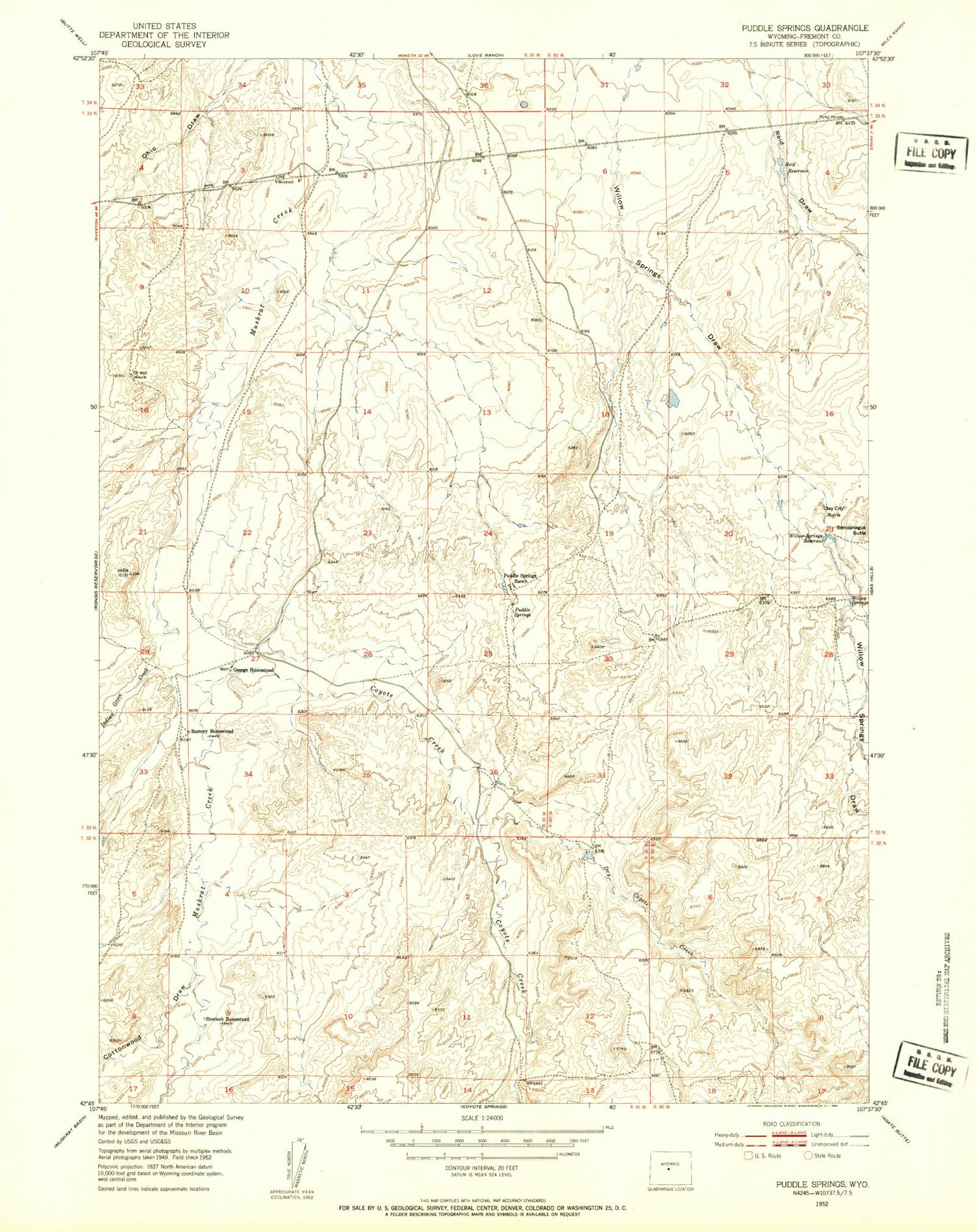 Classic USGS Puddle Springs Wyoming 7.5'x7.5' Topo Map Image