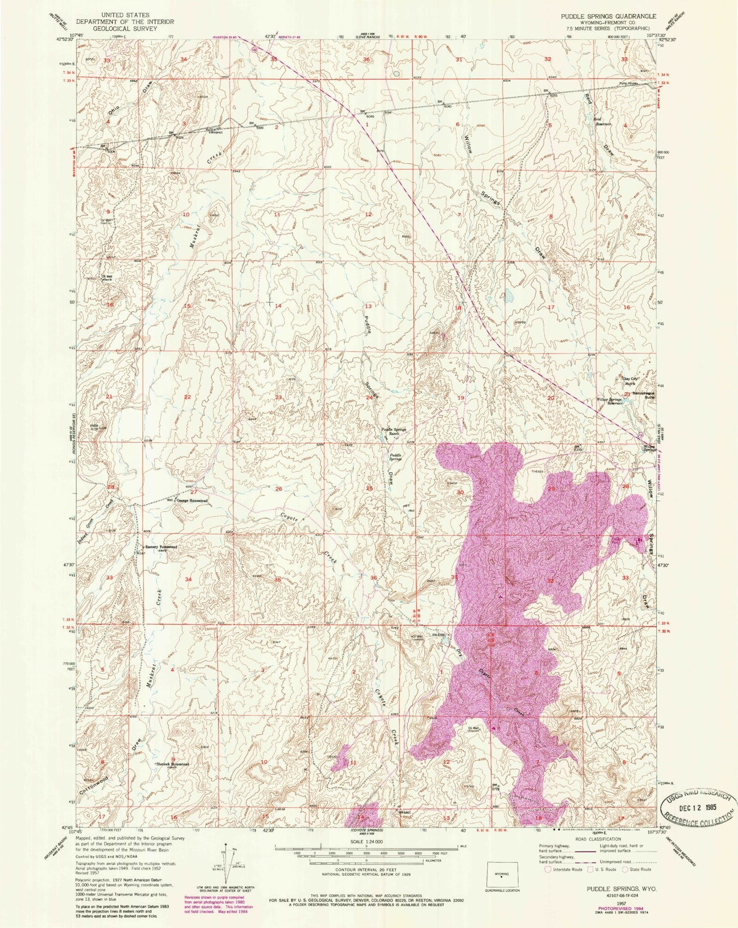 Classic USGS Puddle Springs Wyoming 7.5'x7.5' Topo Map Image