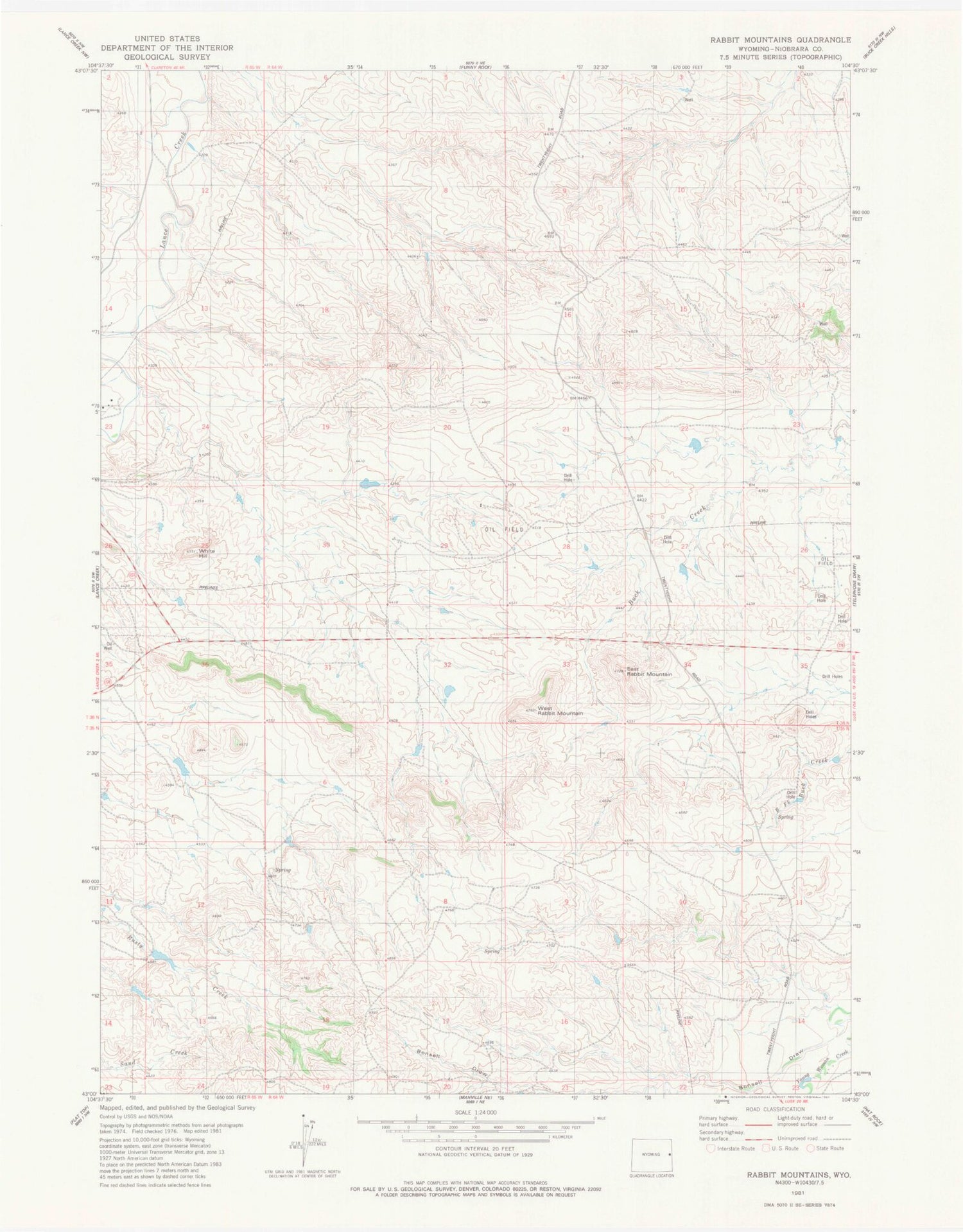 Classic USGS Rabbit Mountains Wyoming 7.5'x7.5' Topo Map Image