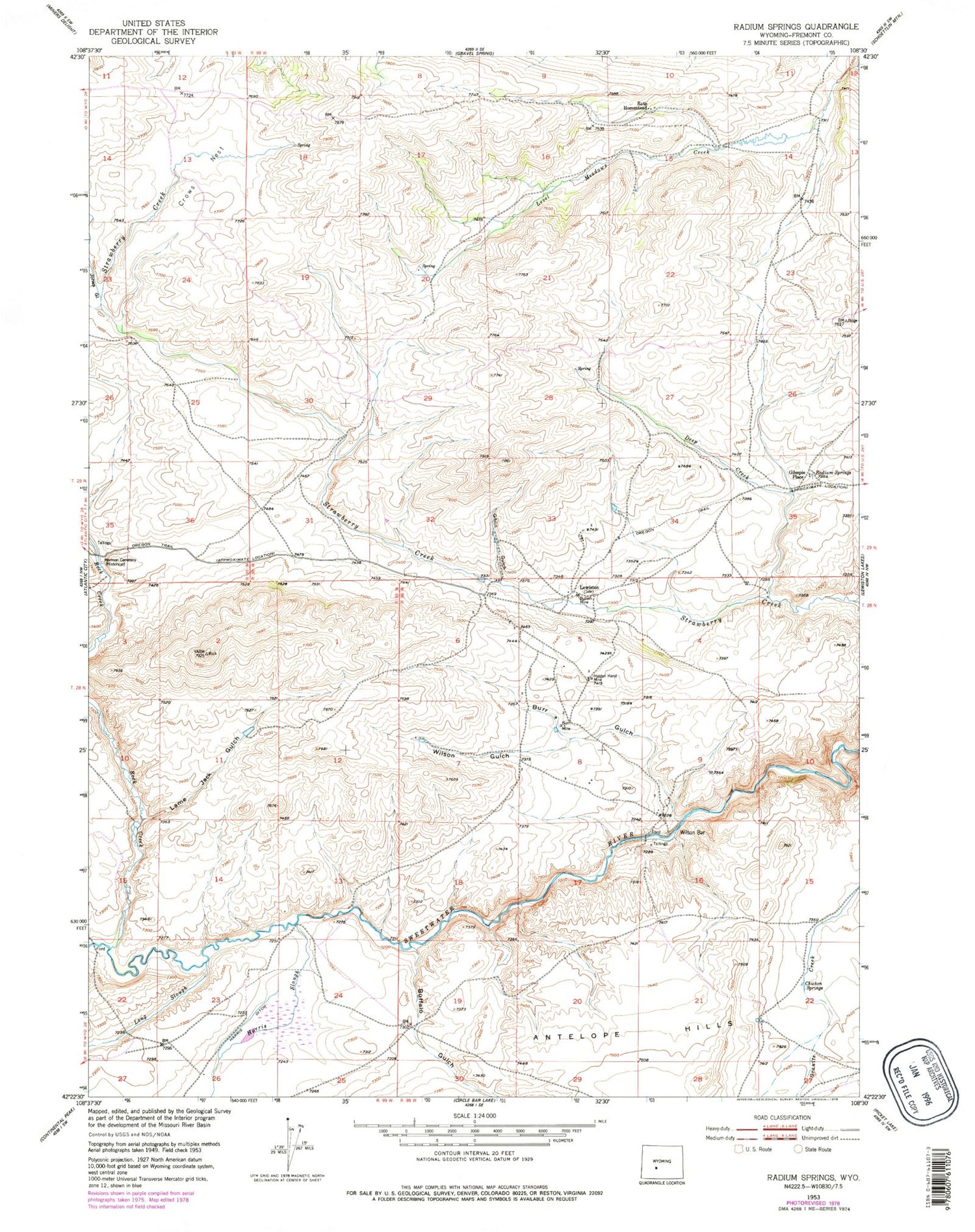 Classic USGS Radium Springs Wyoming 7.5'x7.5' Topo Map Image
