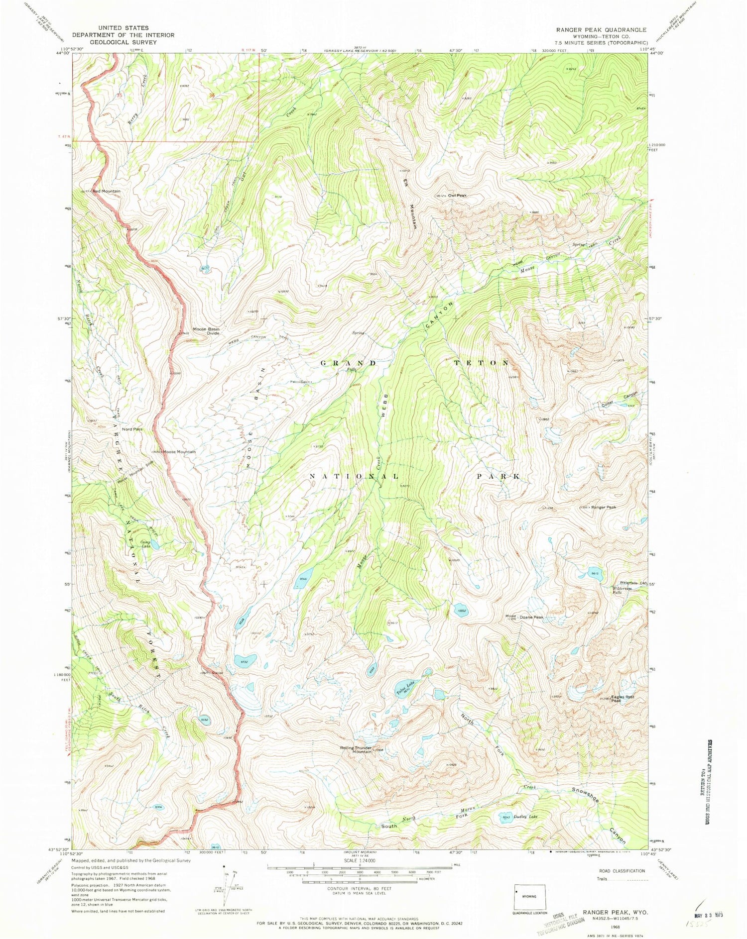 Classic USGS Ranger Peak Wyoming 7.5'x7.5' Topo Map Image