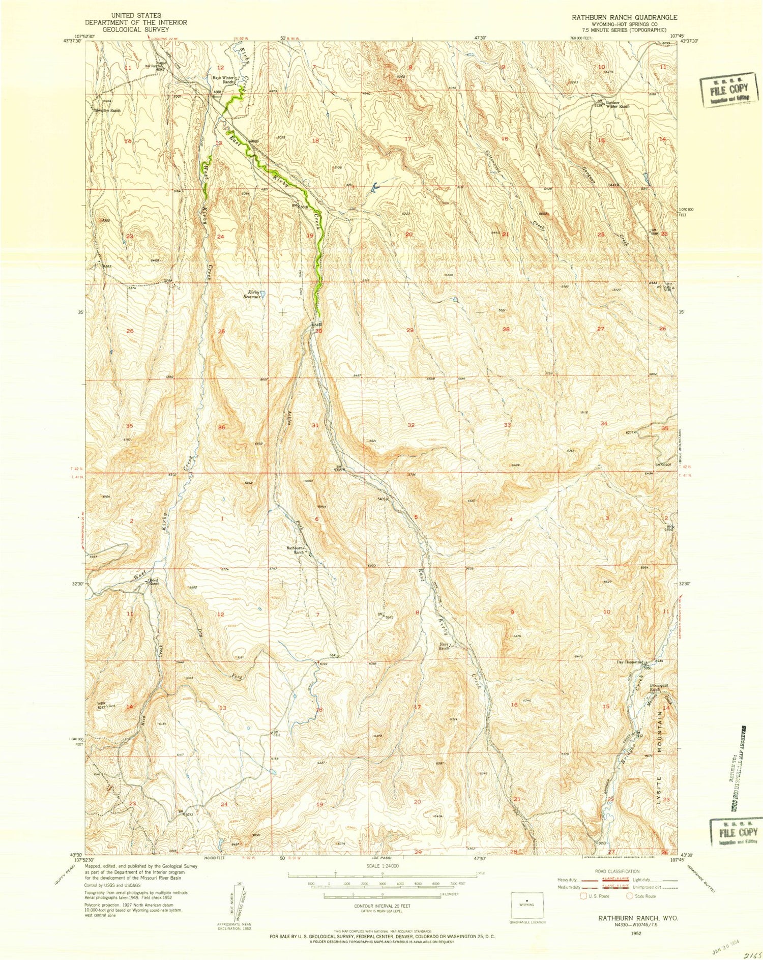 Classic USGS Rathbun Ranch Wyoming 7.5'x7.5' Topo Map Image