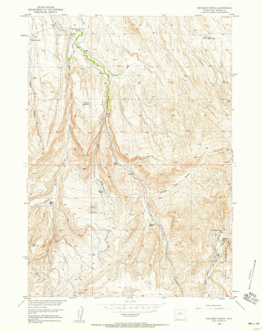 Classic USGS Rathbun Ranch Wyoming 7.5'x7.5' Topo Map Image