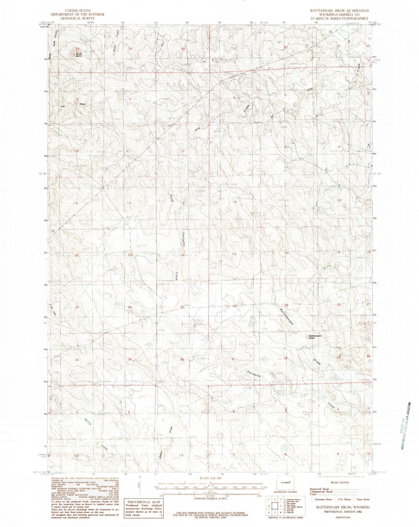 Classic USGS Rattlesnake Draw Wyoming 7.5'x7.5' Topo Map Image