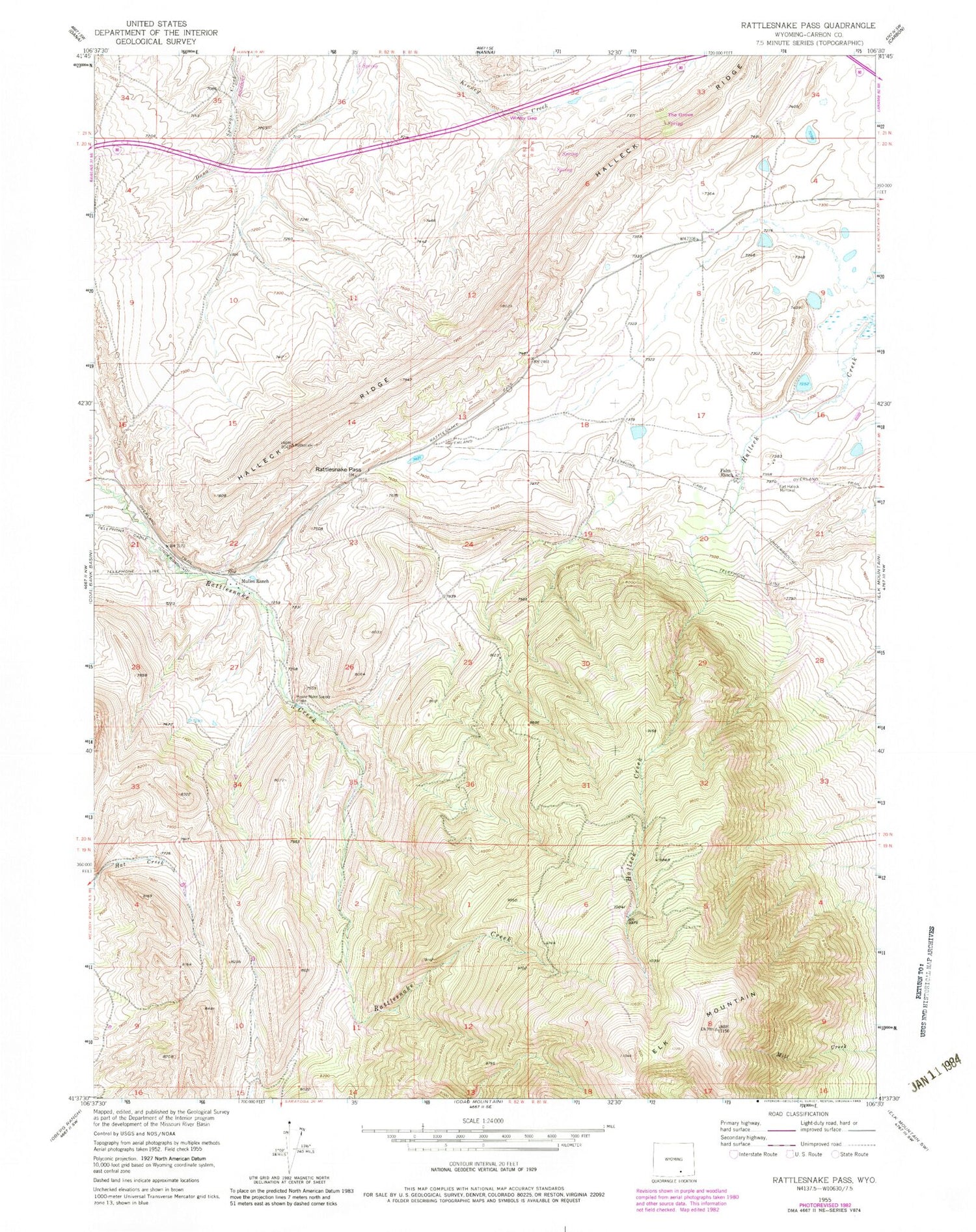 Classic USGS Rattlesnake Pass Wyoming 7.5'x7.5' Topo Map Image