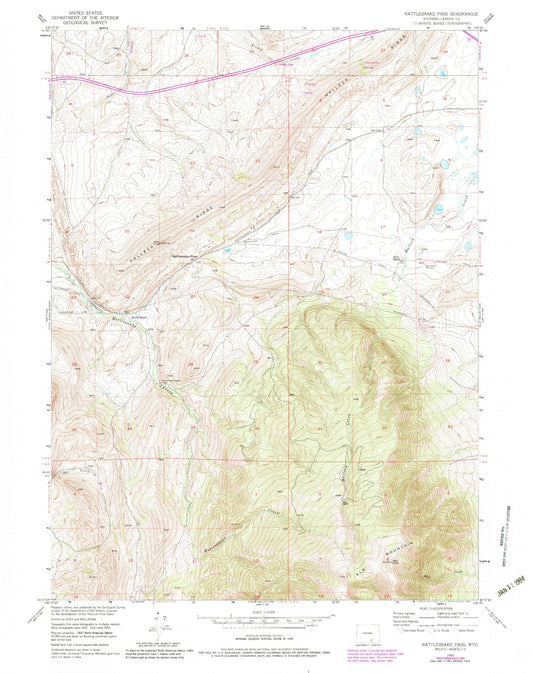 Classic USGS Rattlesnake Pass Wyoming 7.5'x7.5' Topo Map Image