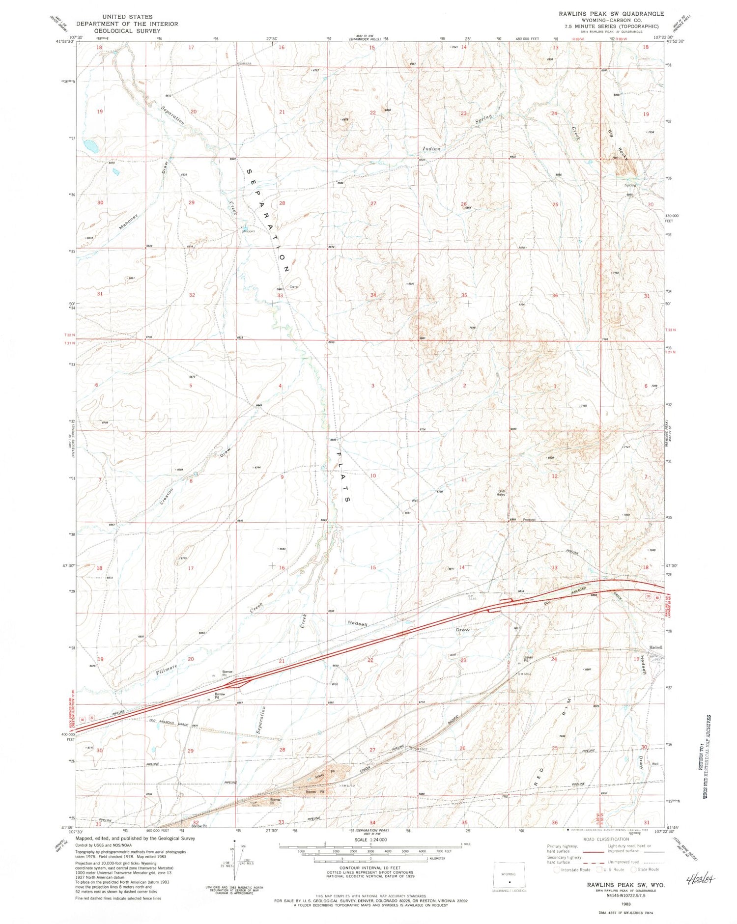 Classic USGS Rawlins Peak SW Wyoming 7.5'x7.5' Topo Map Image