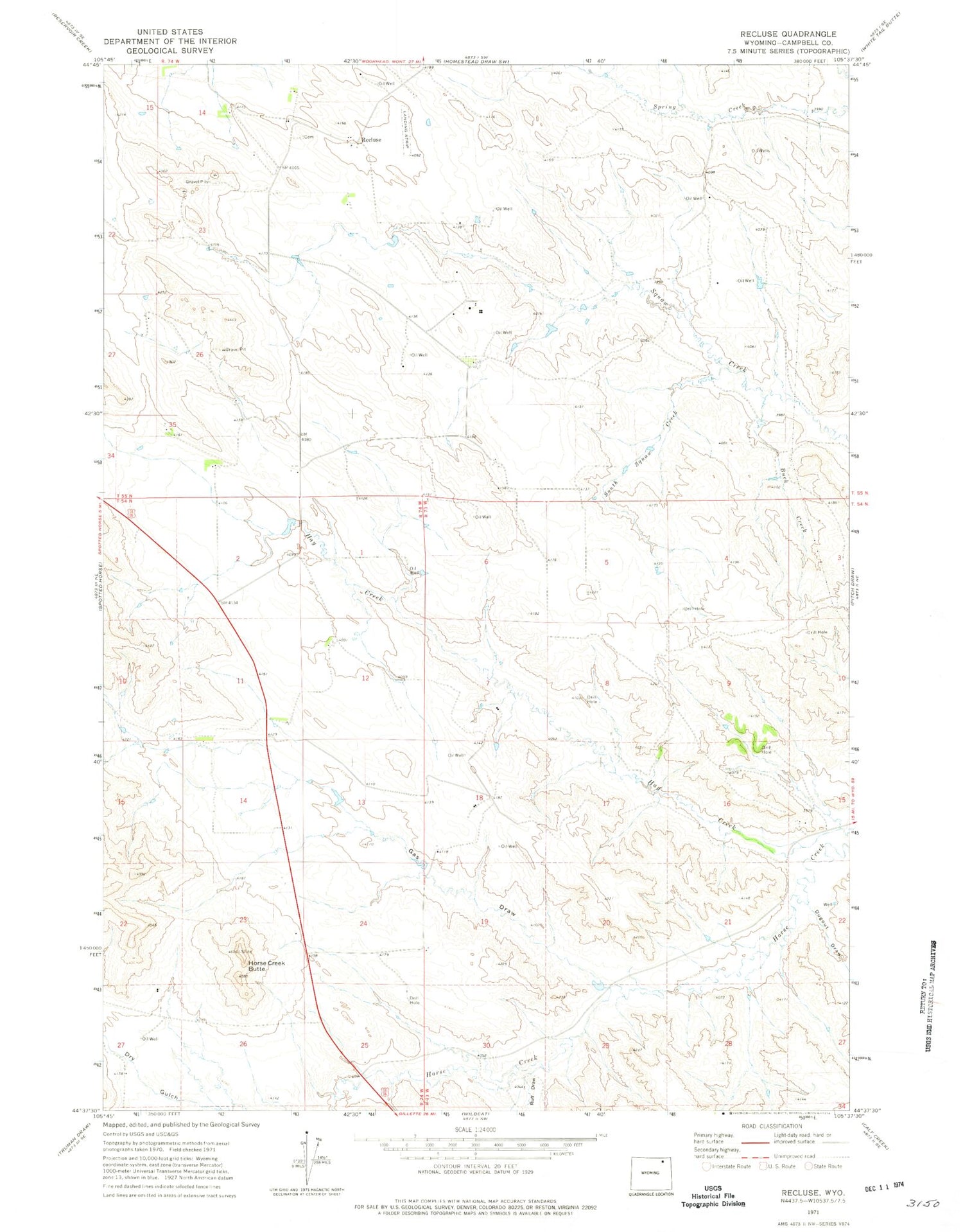 Classic USGS Recluse Wyoming 7.5'x7.5' Topo Map Image