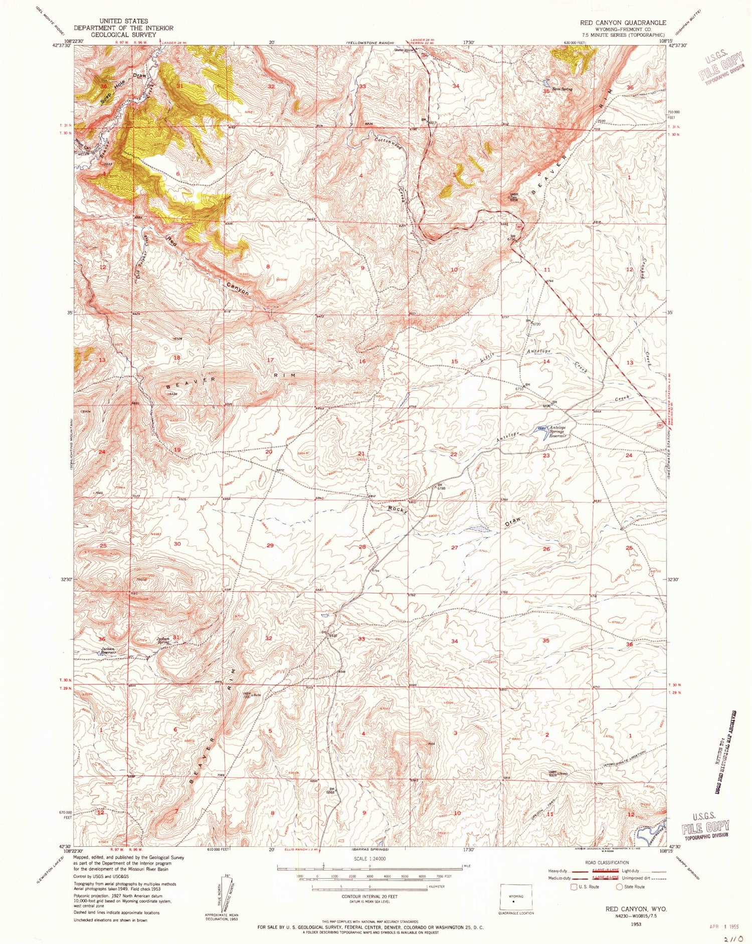 Classic USGS Red Canyon Wyoming 7.5'x7.5' Topo Map Image