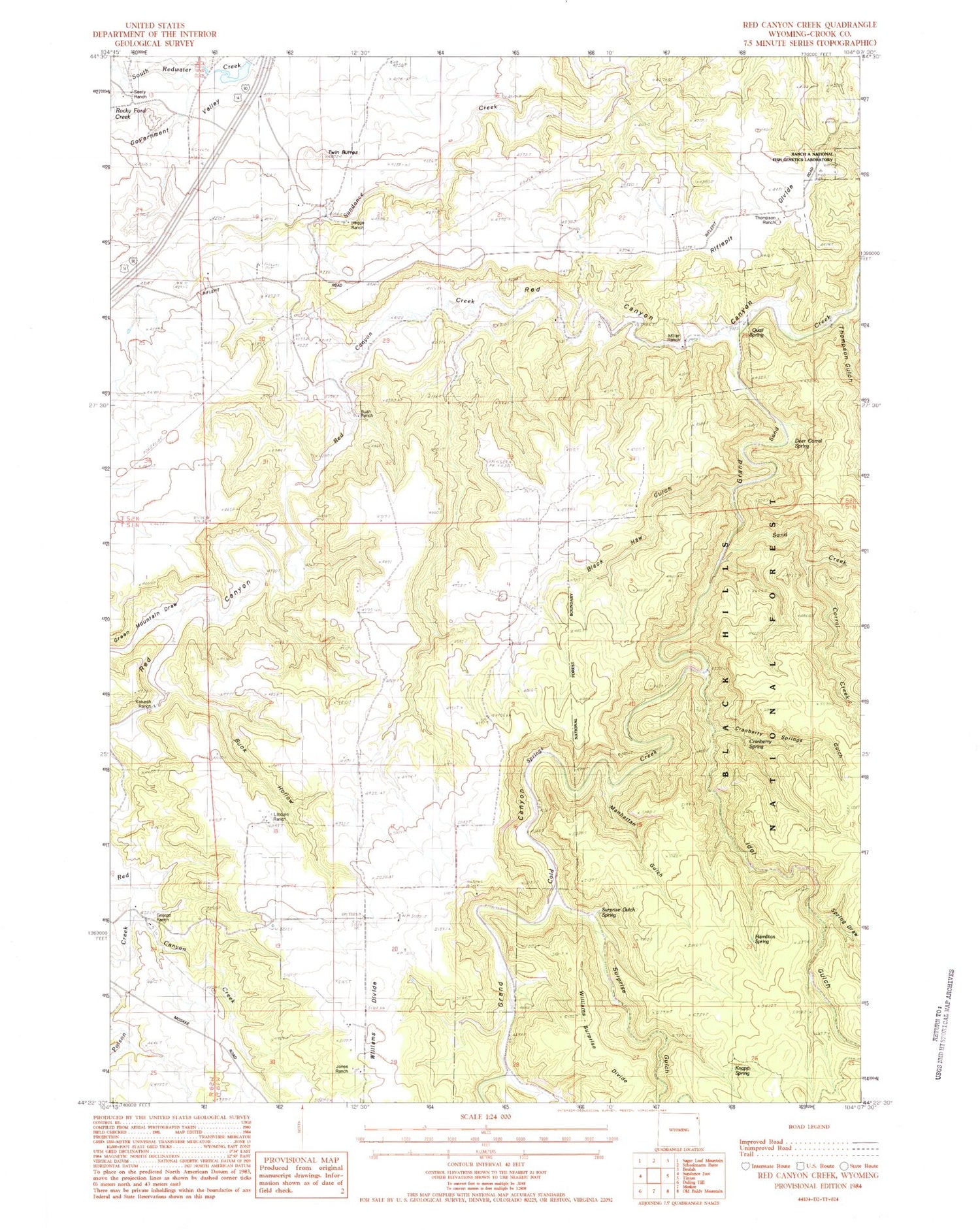Classic USGS Red Canyon Creek Wyoming 7.5'x7.5' Topo Map Image