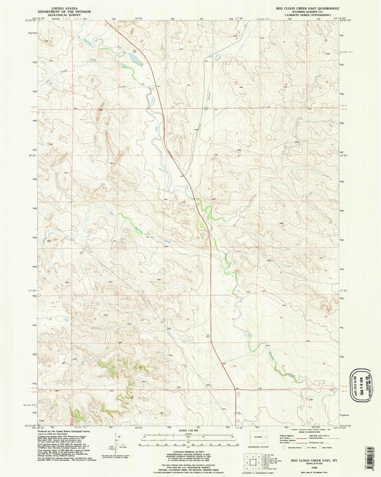 Classic USGS Red Cloud Creek East Wyoming 7.5'x7.5' Topo Map Image