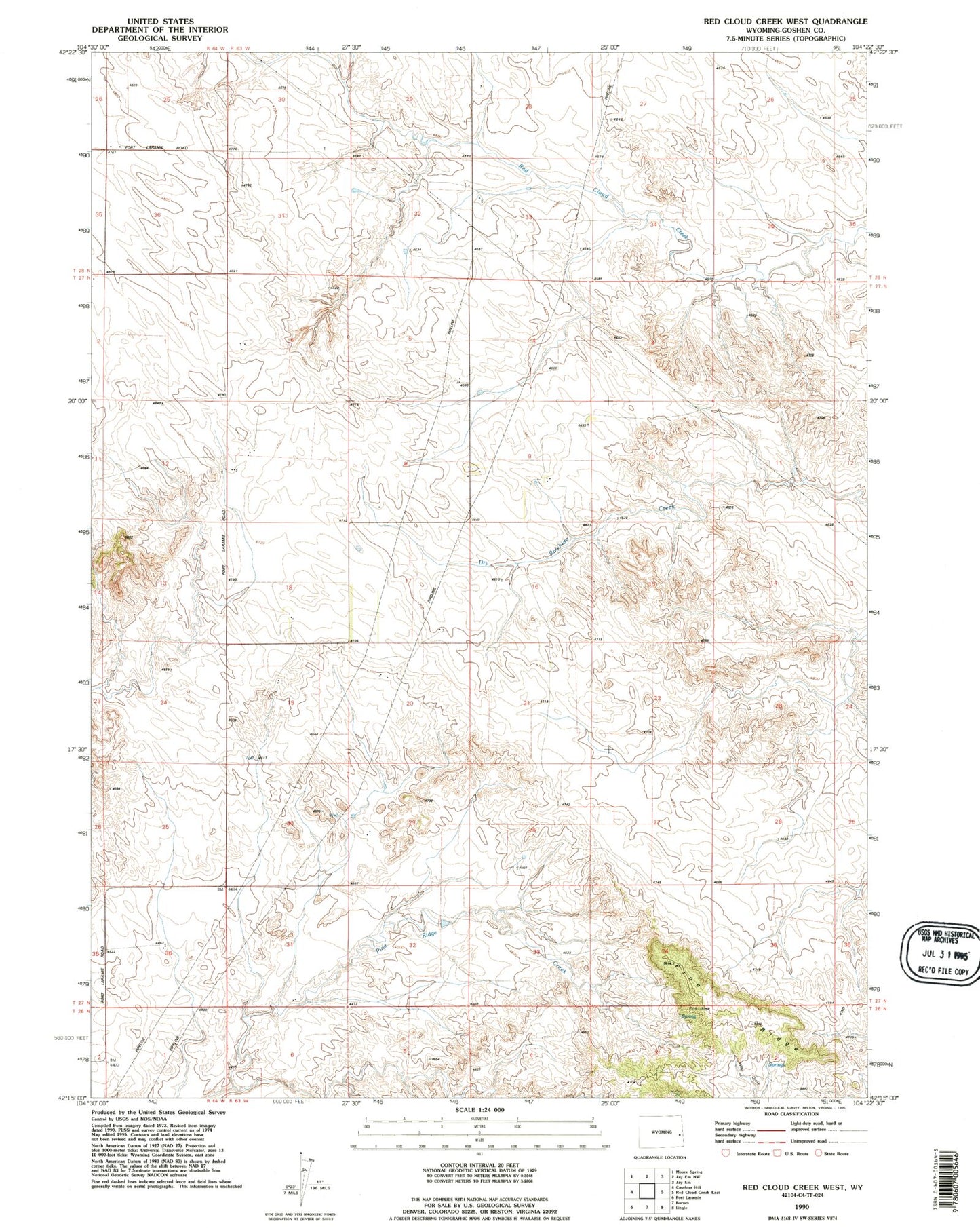 Classic USGS Red Cloud Creek West Wyoming 7.5'x7.5' Topo Map Image