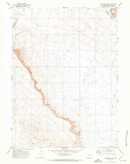 Classic USGS Red Desert SE Wyoming 7.5'x7.5' Topo Map Image