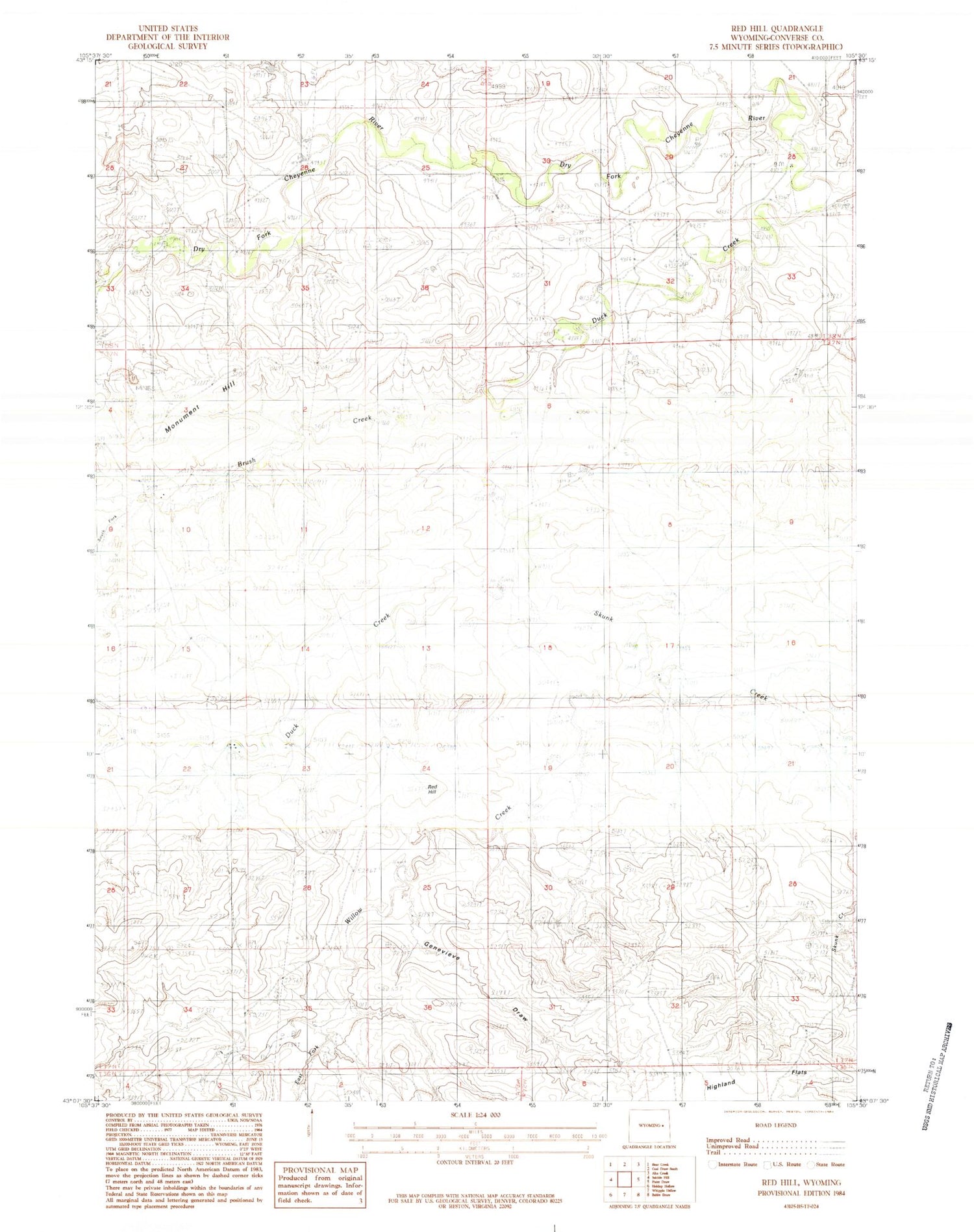 Classic USGS Red Hill Wyoming 7.5'x7.5' Topo Map Image