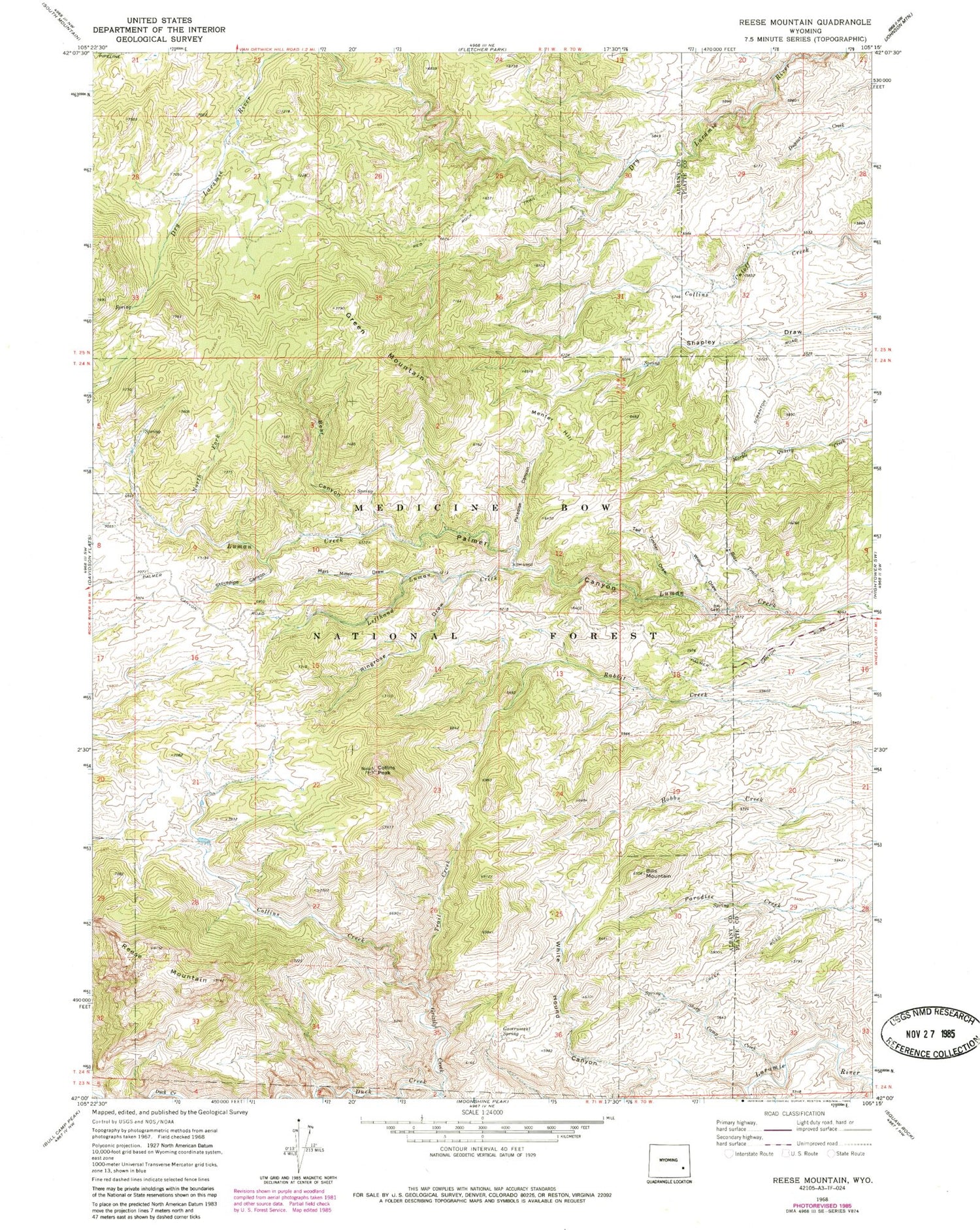 Classic USGS Reese Mountain Wyoming 7.5'x7.5' Topo Map Image