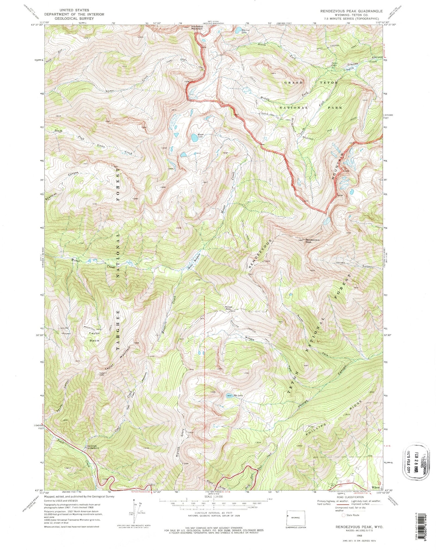 USGS Classic Rendezvous Peak Wyoming 7.5'x7.5' Topo Map Image