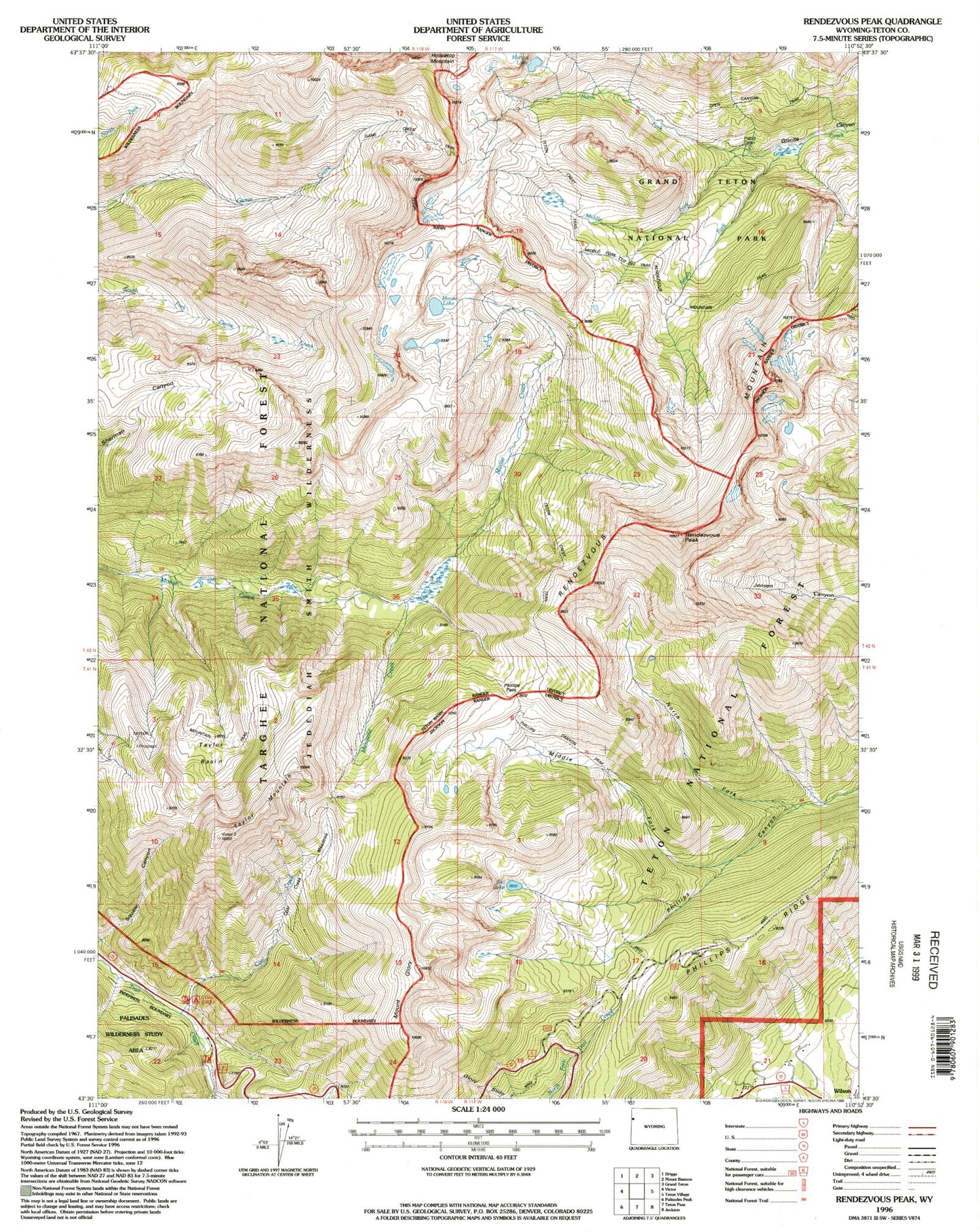 USGS Classic Rendezvous Peak Wyoming 7.5'x7.5' Topo Map Image