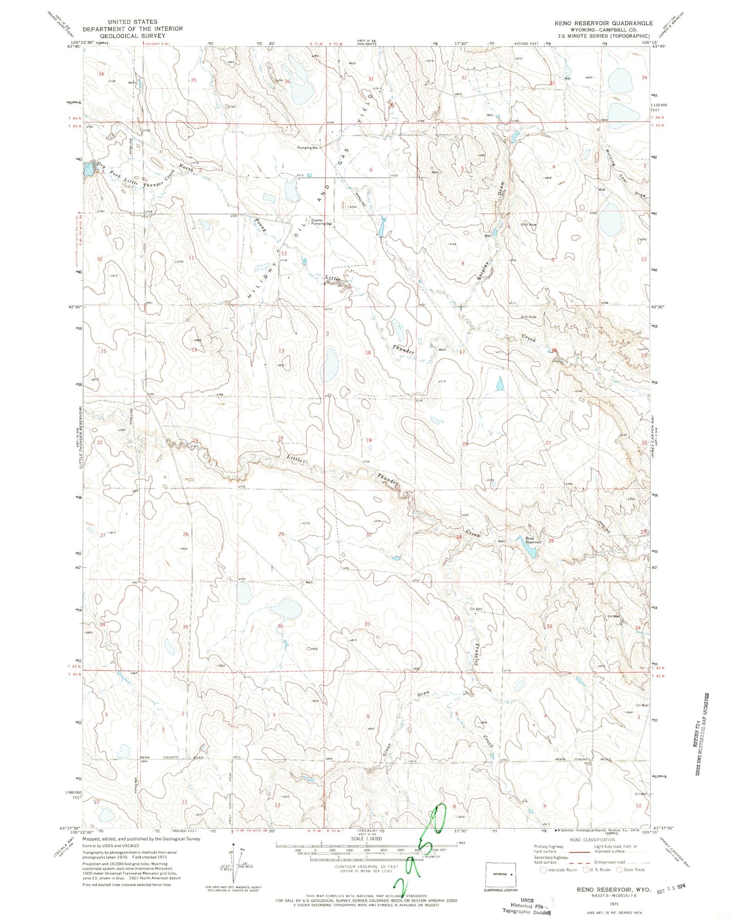 Classic USGS Reno Reservoir Wyoming 7.5'x7.5' Topo Map Image